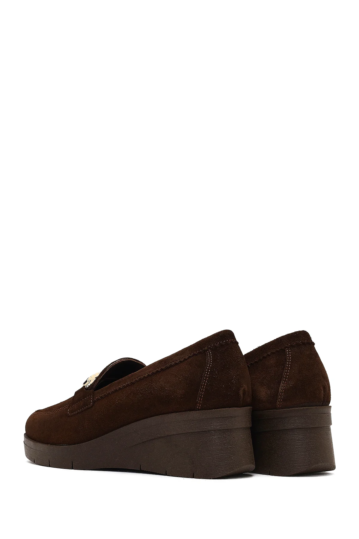 Kadın Kahverengi Tokalı Dolgu Topuklu Süet Deri Comfort Loafer - Image 5