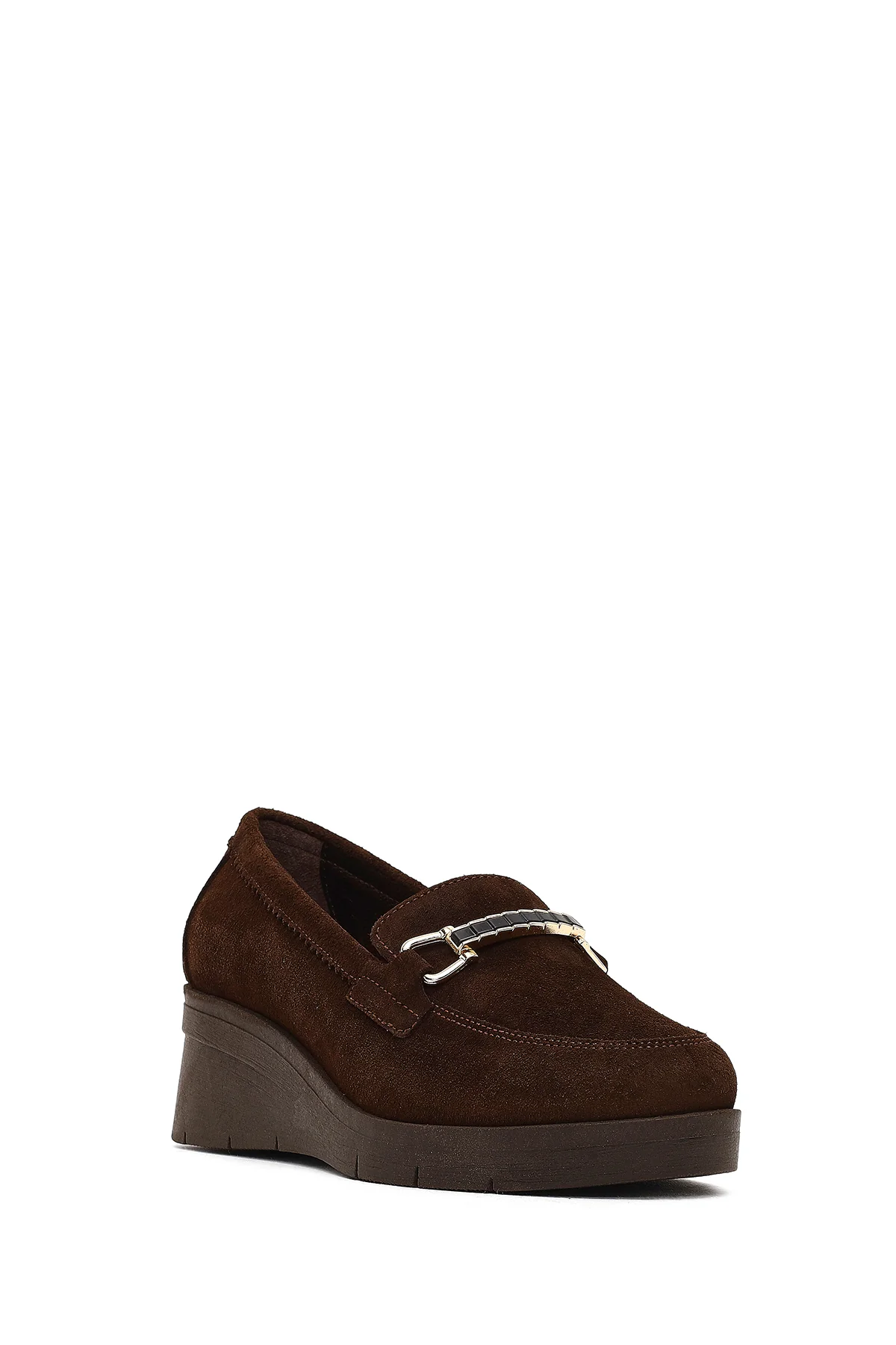 Kadın Kahverengi Tokalı Dolgu Topuklu Süet Deri Comfort Loafer - Image 6