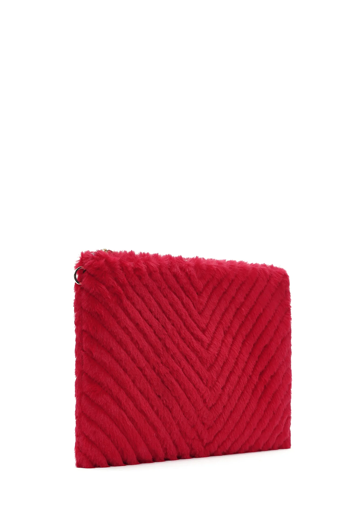 Kadın Kırmızı Uzun Askılı Peluş Portföy Çanta - Image 6