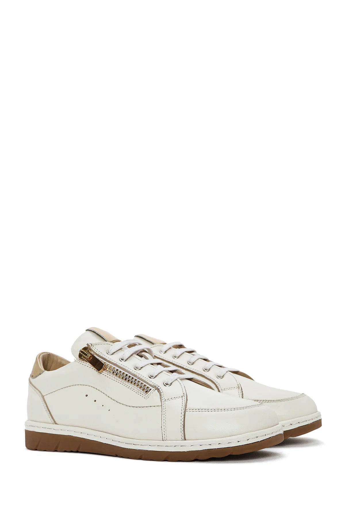 Kadın Krem Bağcıklı Deri Sneaker - Image 3