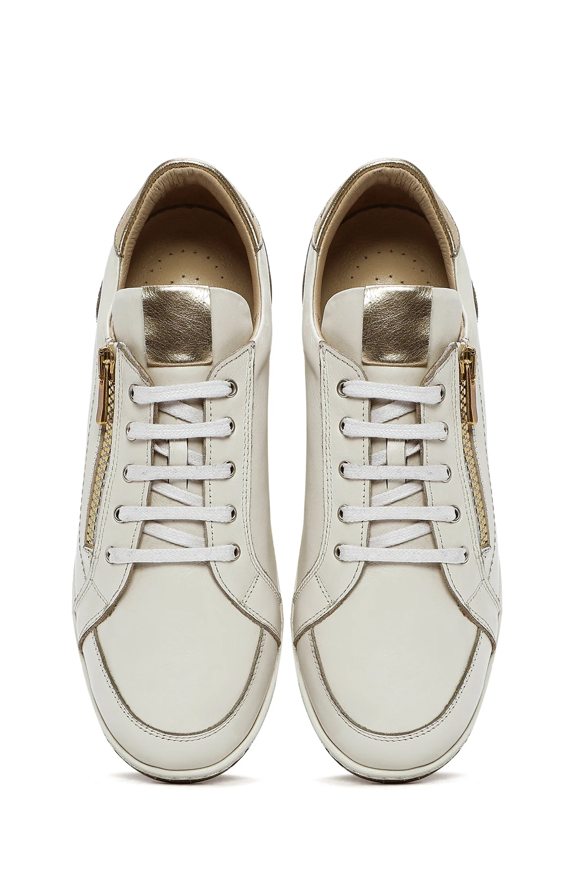 Kadın Krem Bağcıklı Deri Sneaker - Image 4