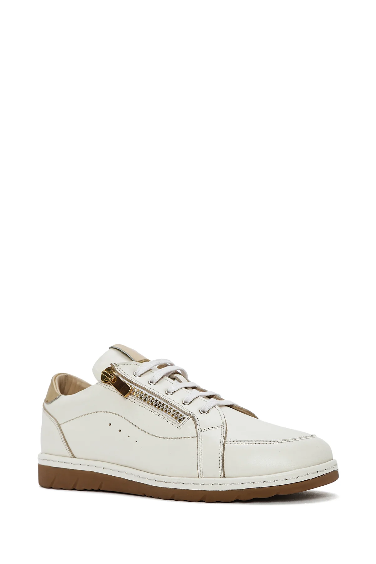 Kadın Krem Bağcıklı Deri Sneaker - Image 7