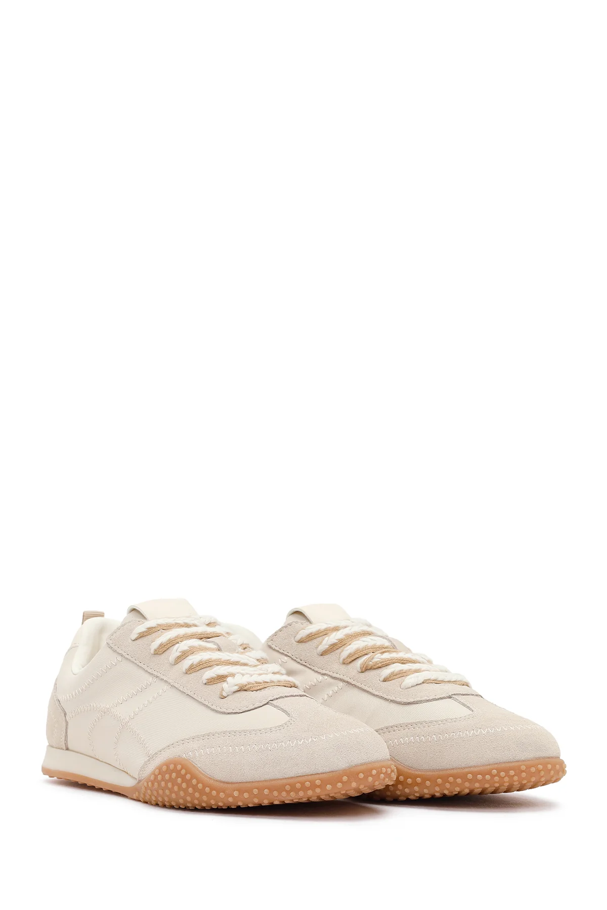 Kadın Krem Bağcıklı Deri Sneaker - Image 2