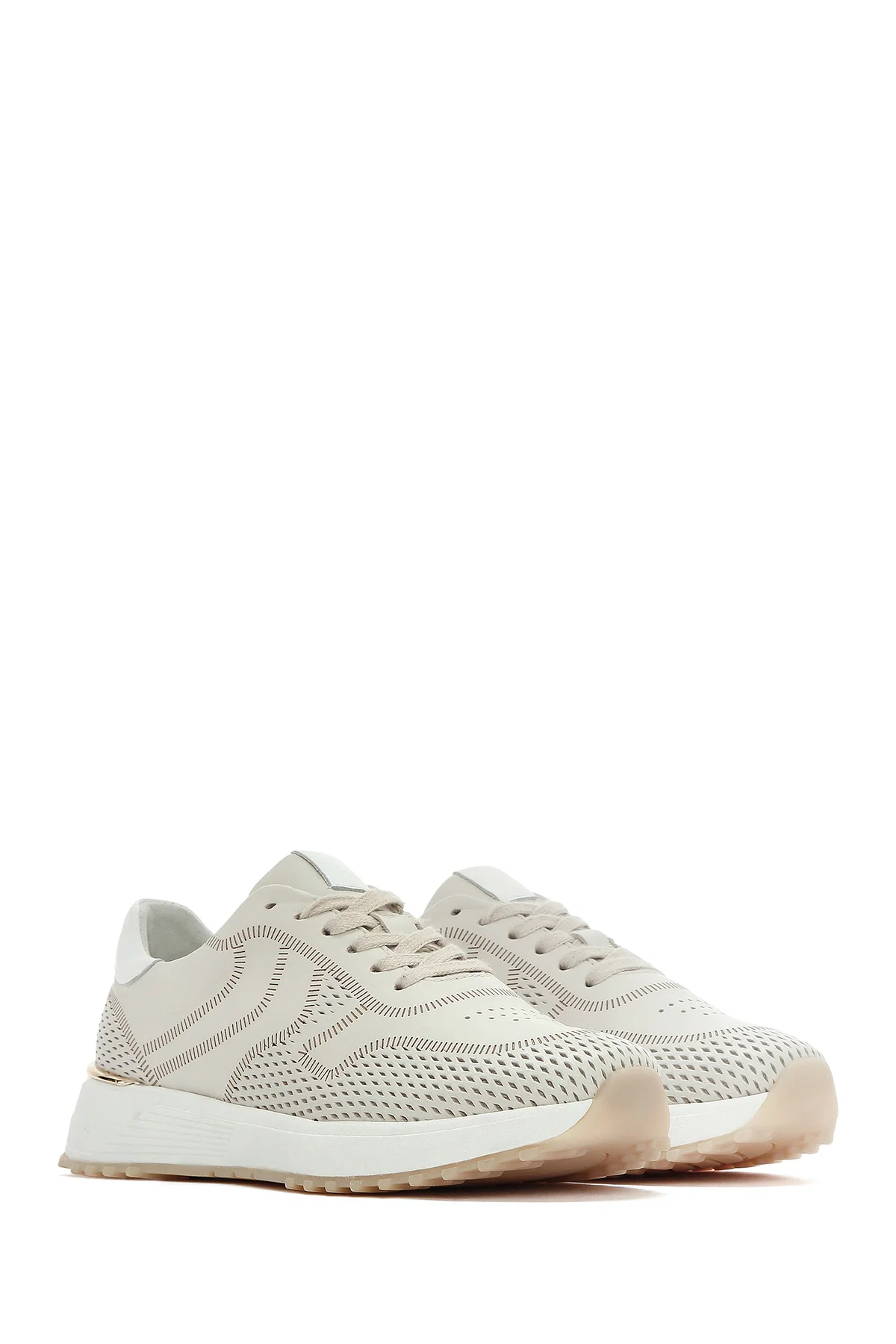 Kadın Krem Bağcıklı Kalın Tabanlı Deri Sneaker - Image 3