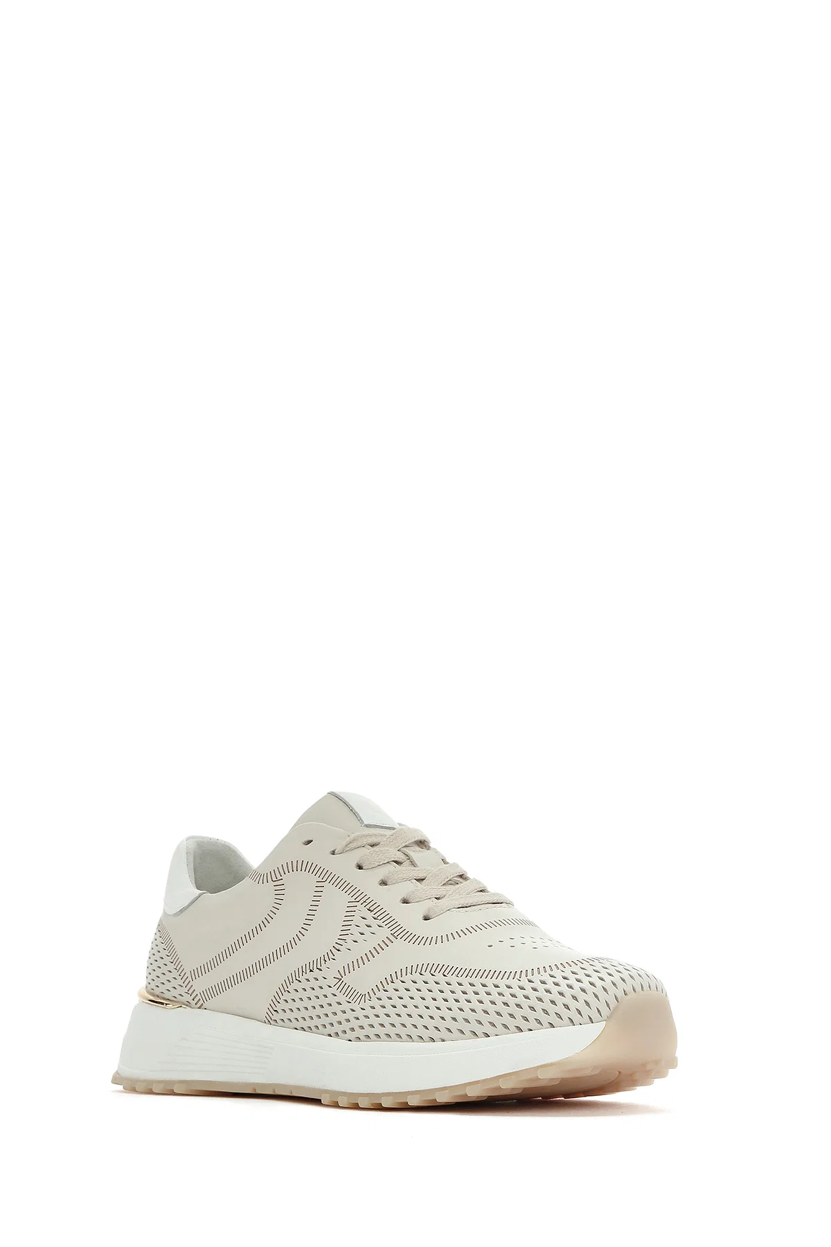 Kadın Krem Bağcıklı Kalın Tabanlı Deri Sneaker - Image 6