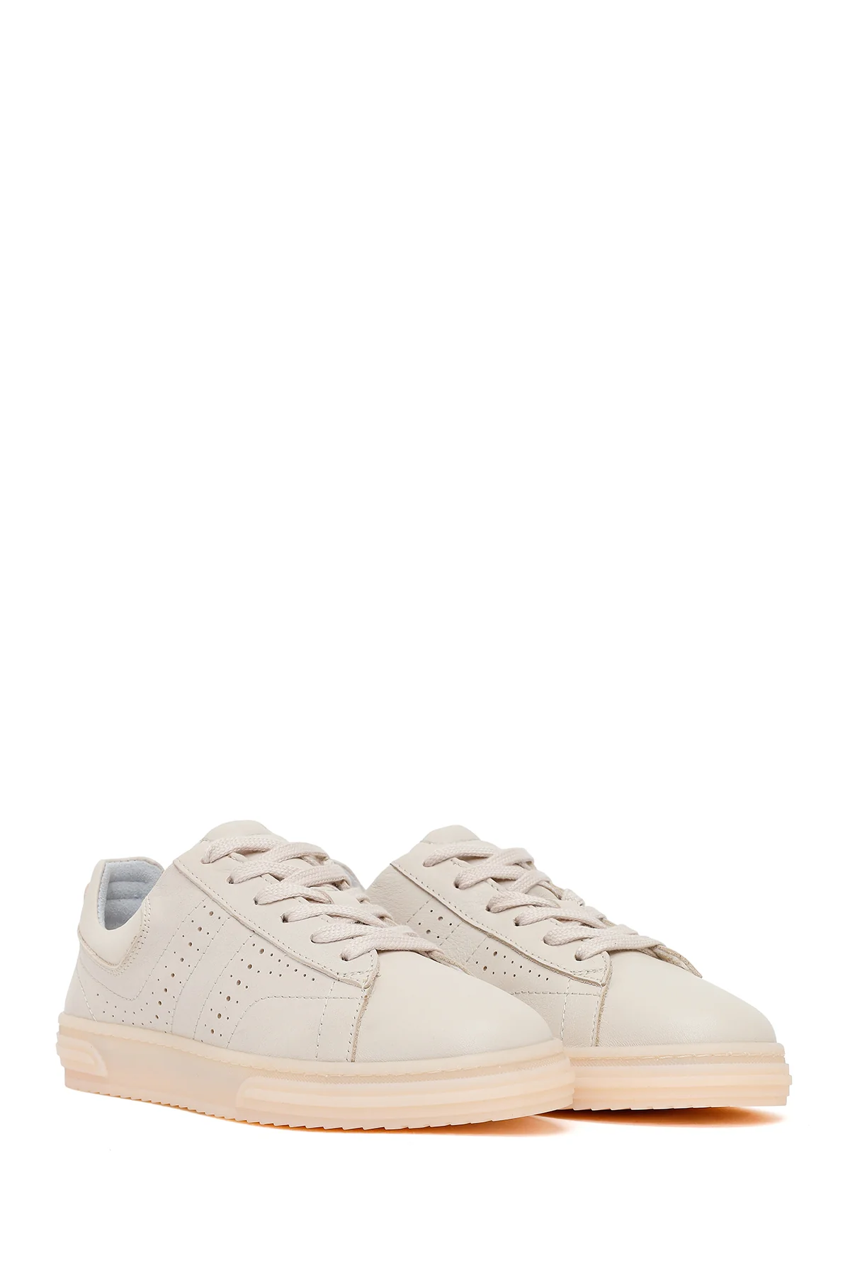 Kadın Krem Bağcıklı Kalın Tabanlı Deri Sneaker - Image 2