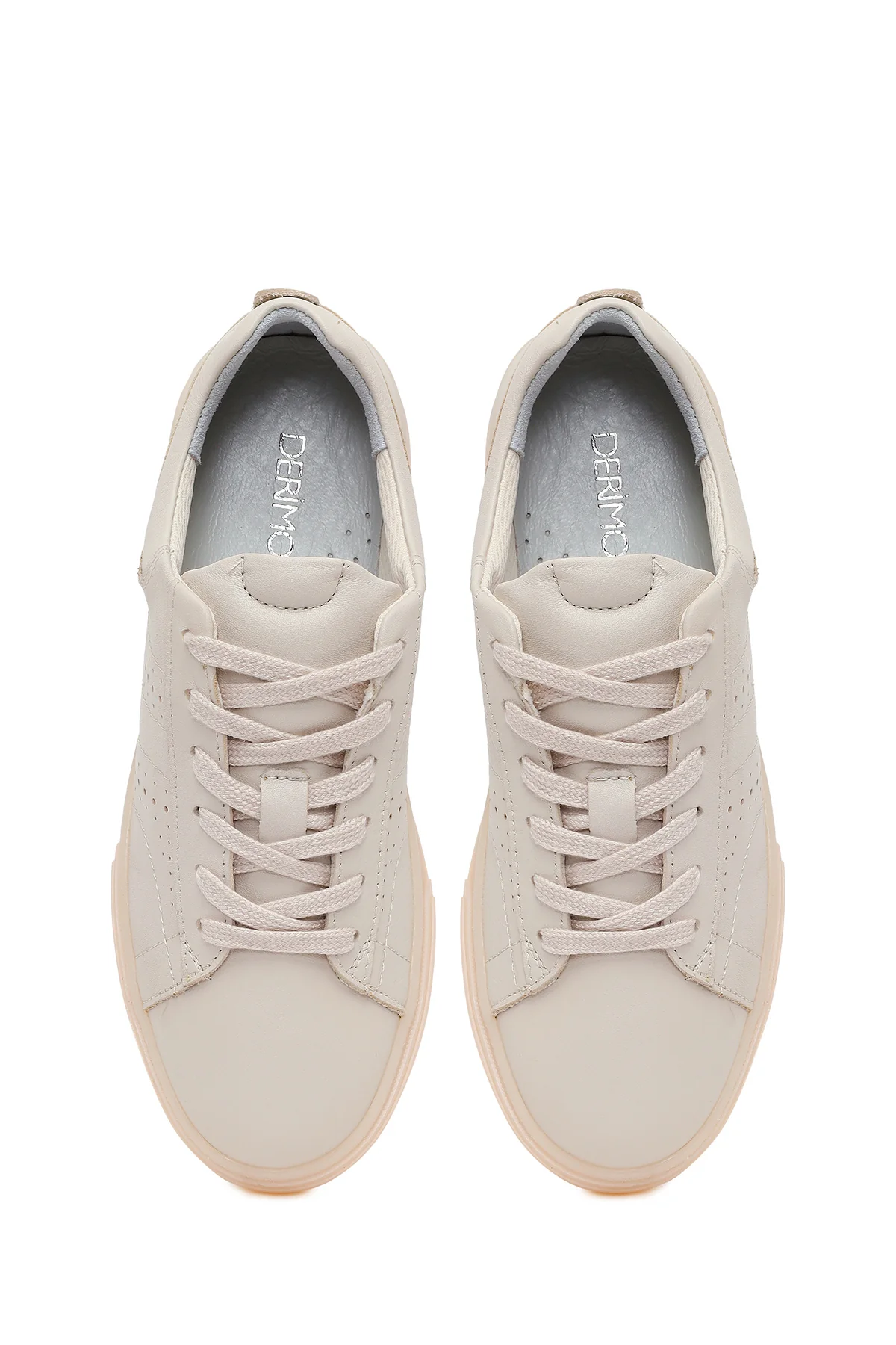 Kadın Krem Bağcıklı Kalın Tabanlı Deri Sneaker - Image 4