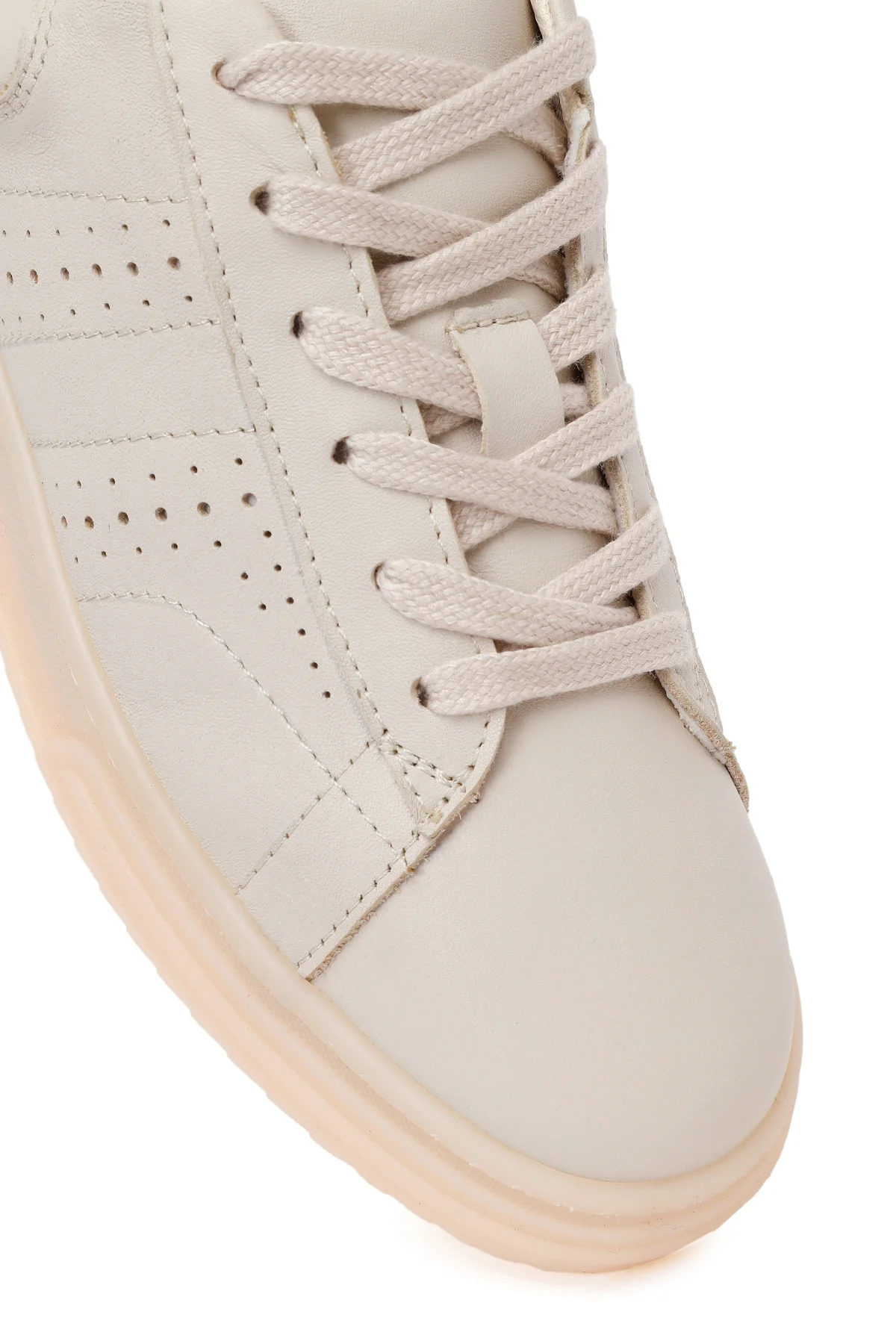 Kadın Krem Bağcıklı Kalın Tabanlı Deri Sneaker - Image 9