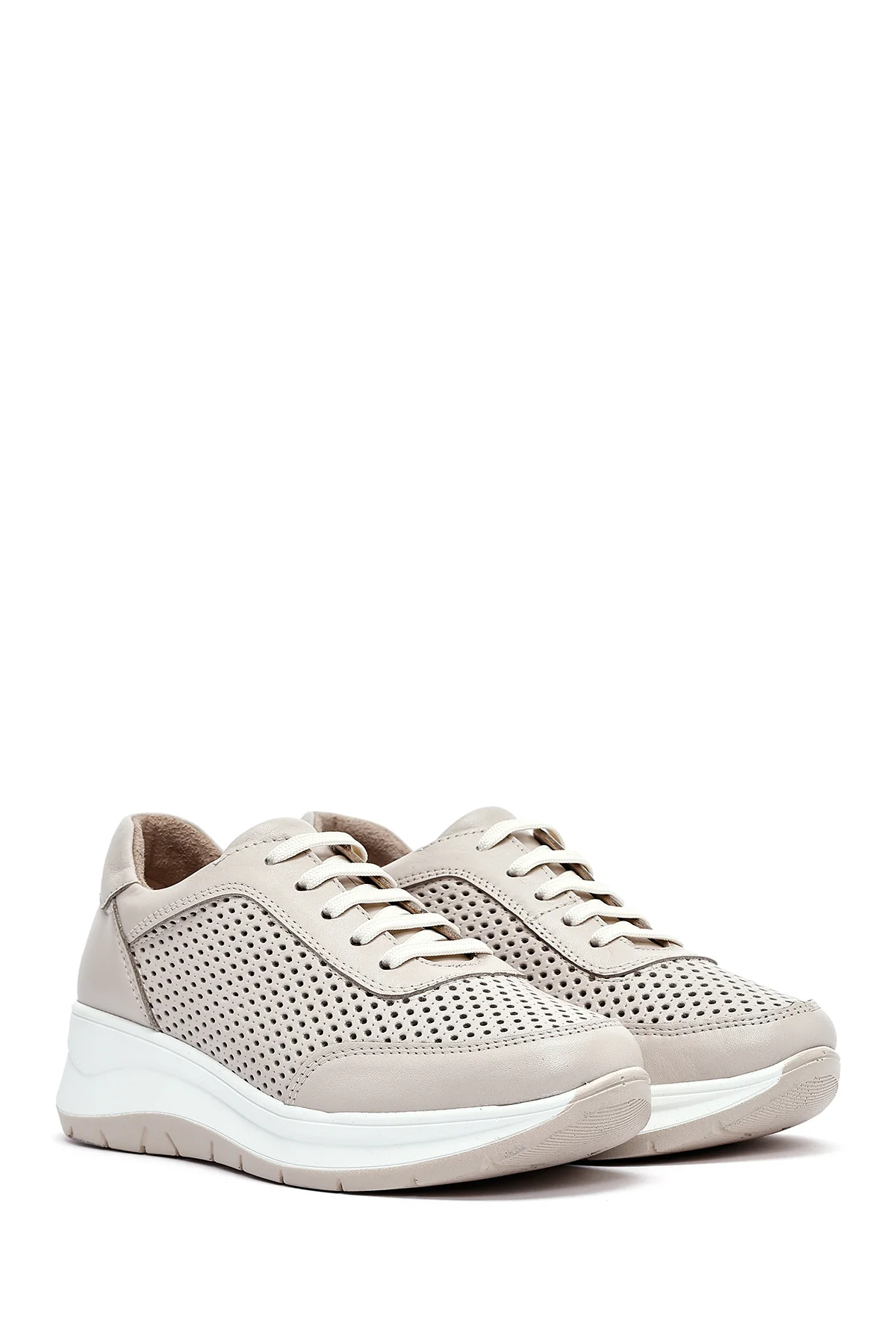 Kadın Krem Bağcıklı Kalın Tabanlı Deri Sneaker - Image 2