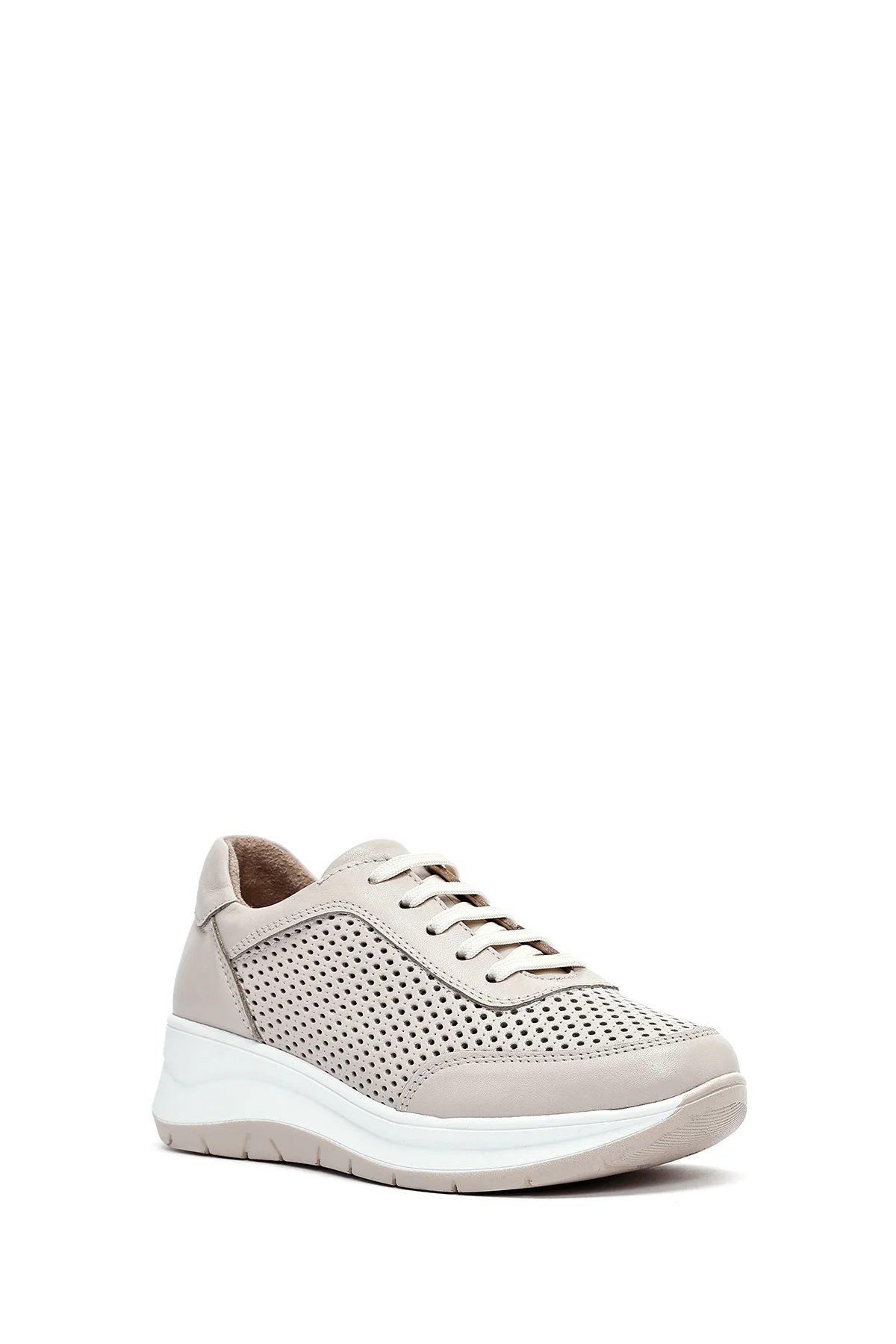 Kadın Krem Bağcıklı Kalın Tabanlı Deri Sneaker - Image 7
