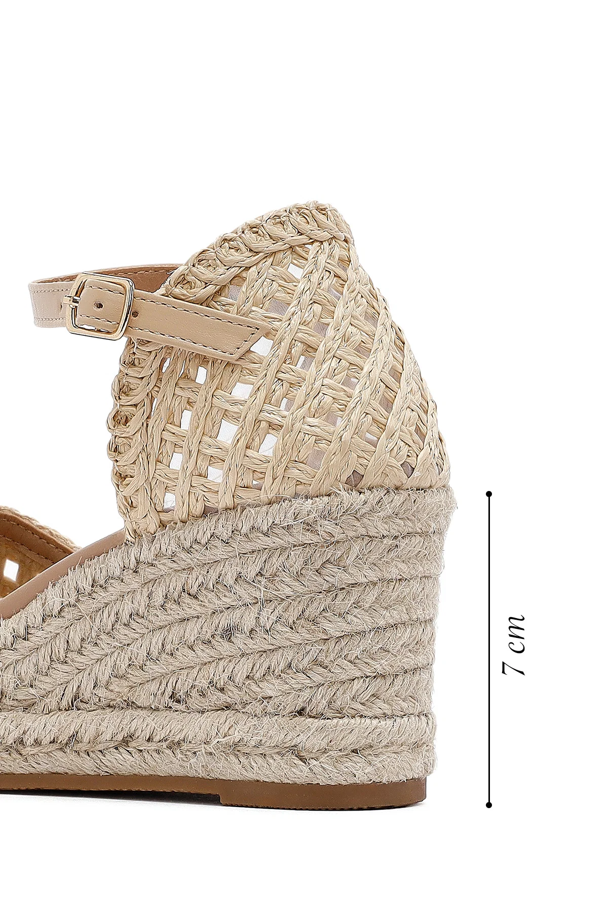 Kadın Krem Bilekten Tokalı Örgülü Dolgu Topuklu Espadril Sandalet - Image 2