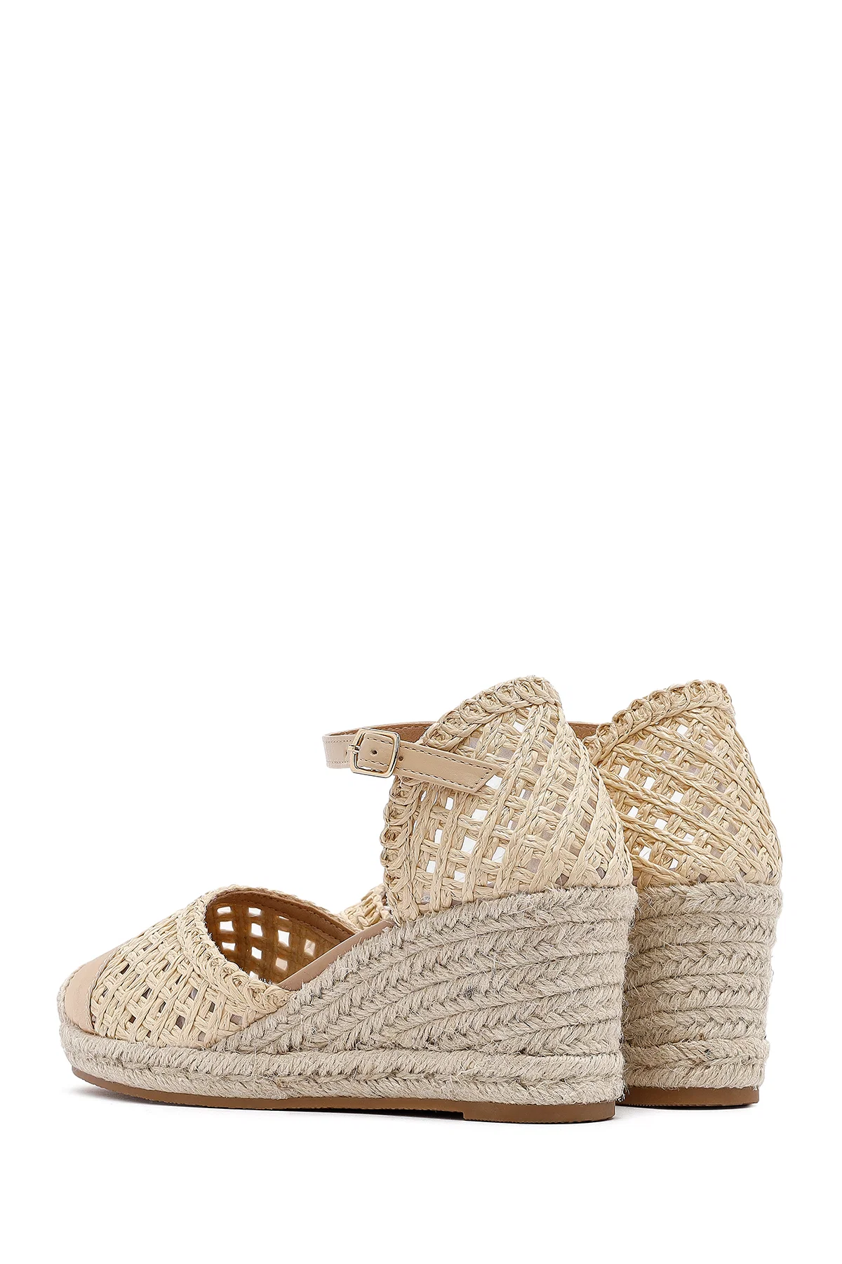 Kadın Krem Bilekten Tokalı Örgülü Dolgu Topuklu Espadril Sandalet - Image 5