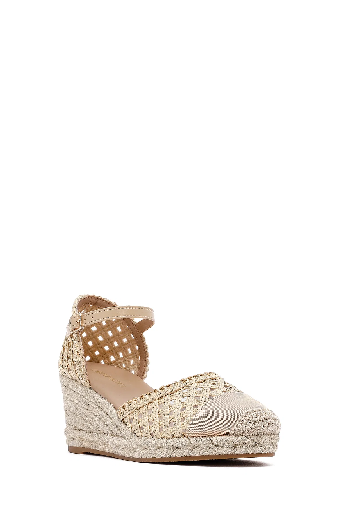 Kadın Krem Bilekten Tokalı Örgülü Dolgu Topuklu Espadril Sandalet - Image 6
