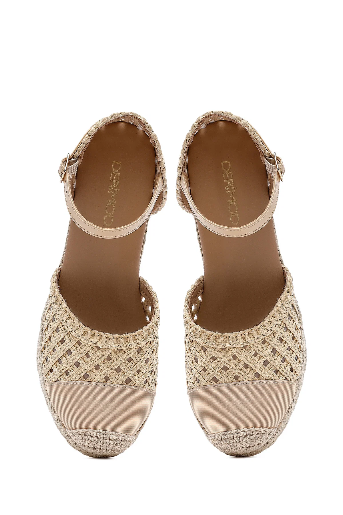 Kadın Krem Bilekten Tokalı Örgülü Dolgu Topuklu Espadril Sandalet - Image 7