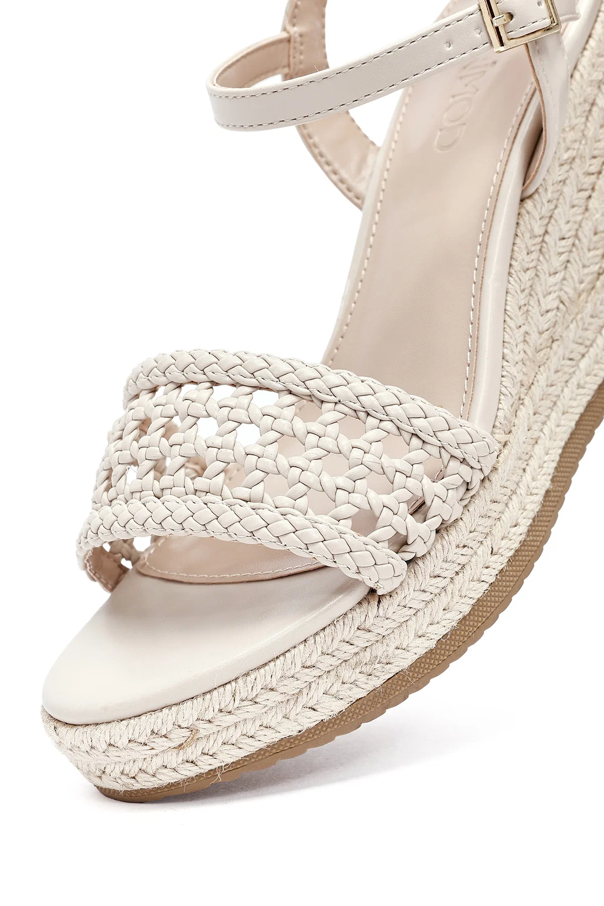 Kadın Krem Bilekten Tokalı Örgülü Dolgu Topuklu Espadril Sandalet - Image 11