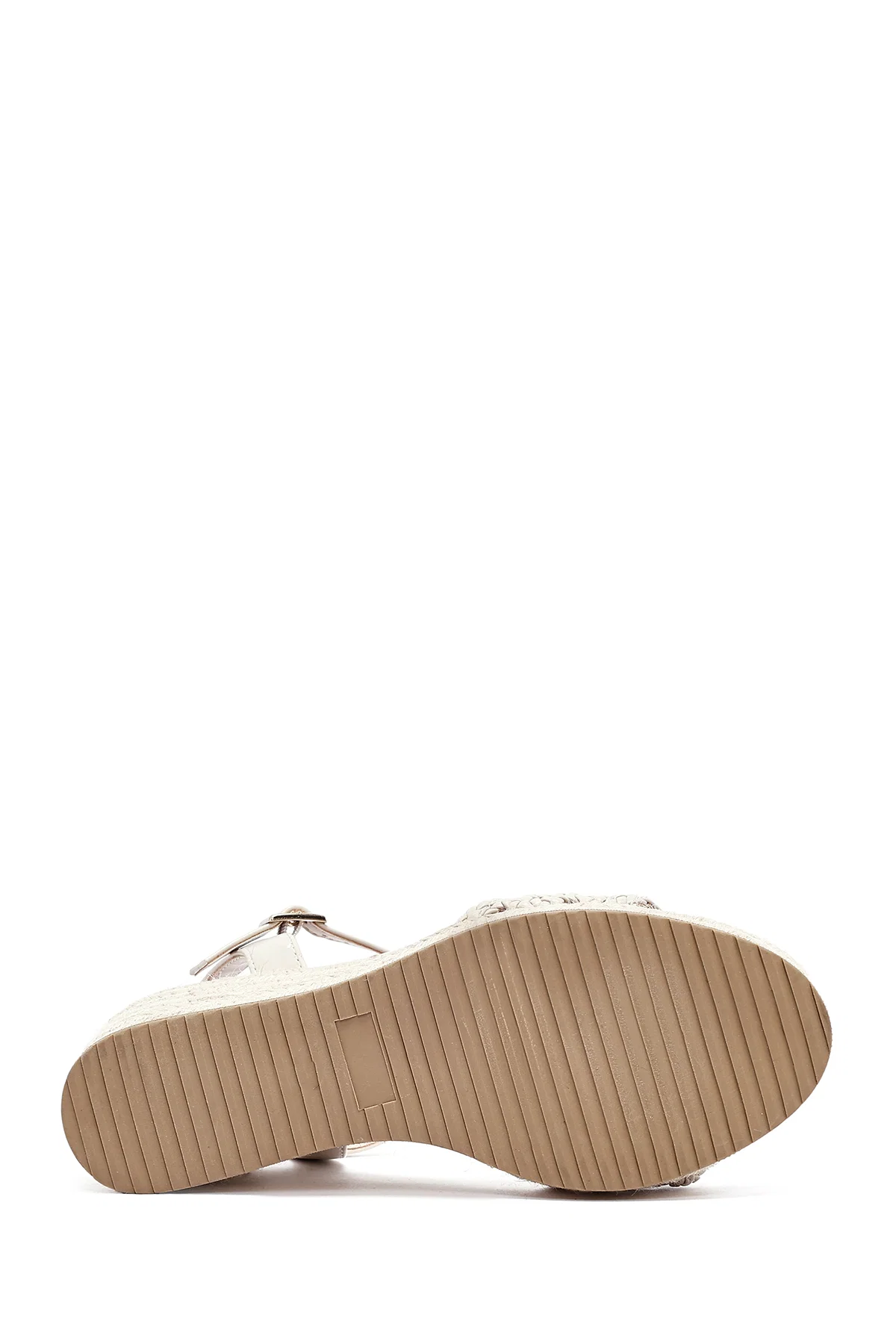 Kadın Krem Bilekten Tokalı Örgülü Dolgu Topuklu Espadril Sandalet - Image 5