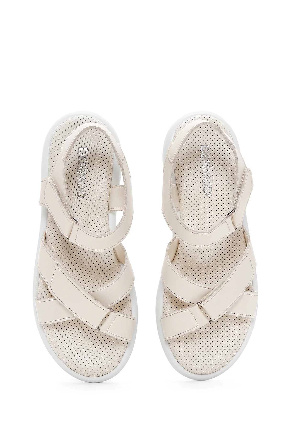 Kadın Krem Çift Bantlı Deri Comfort Sandalet - Image 6