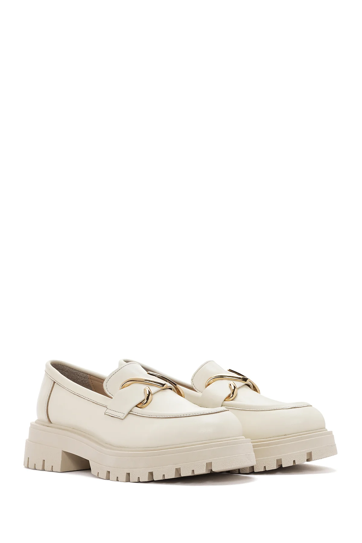 Kadın Krem Deri Maskülen Loafer - Image 3