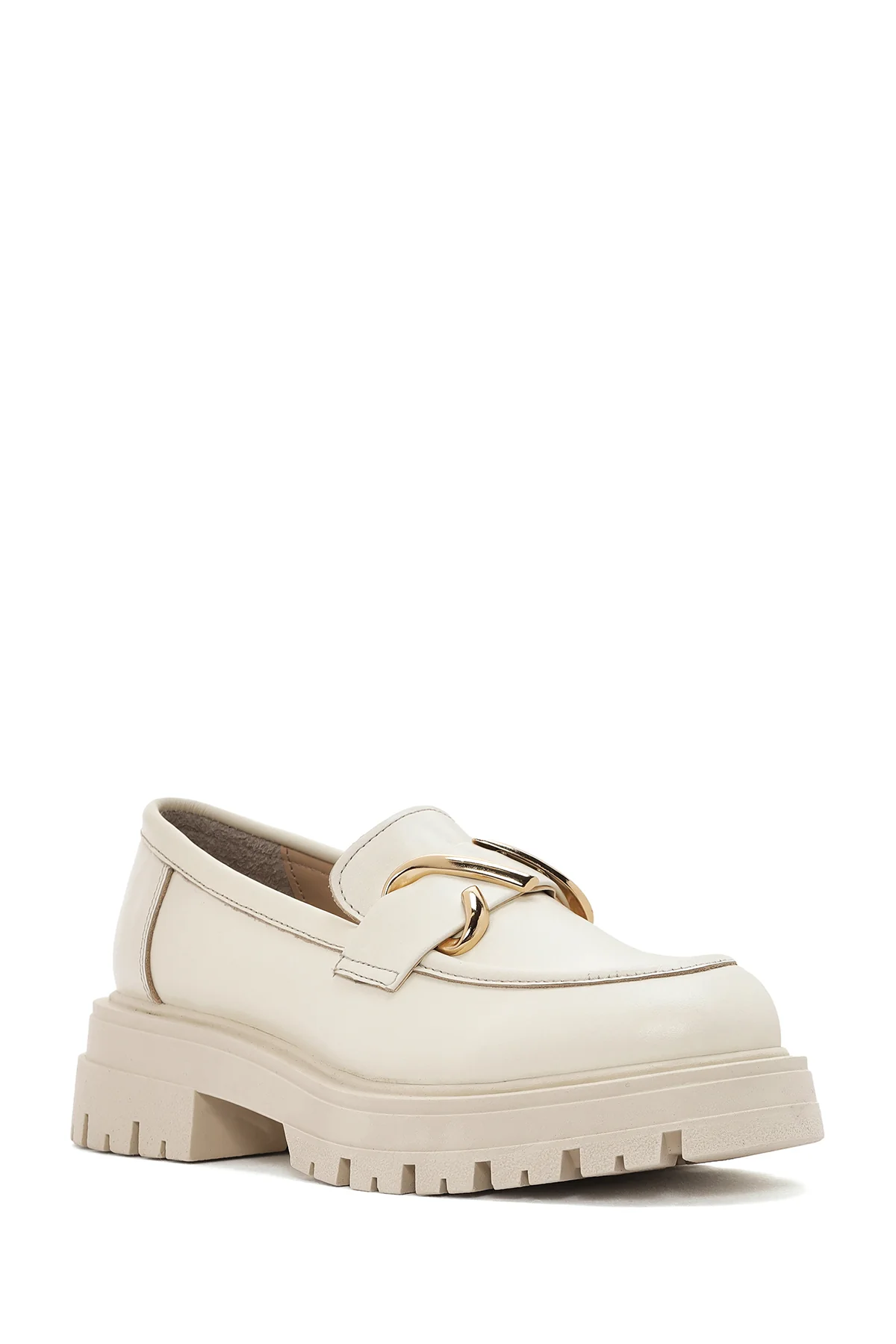 Kadın Krem Deri Maskülen Loafer - Image 6