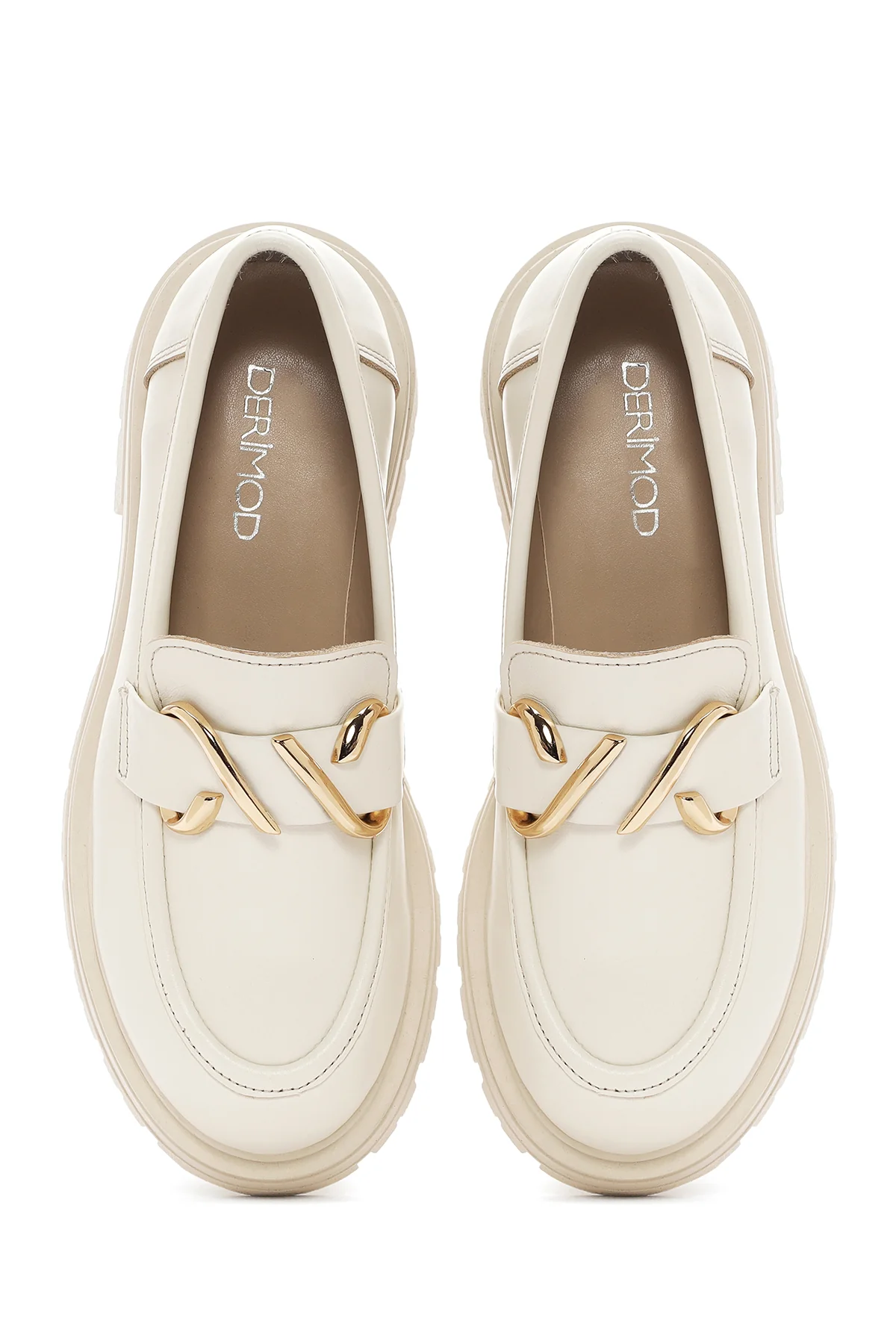 Kadın Krem Deri Maskülen Loafer - Image 7