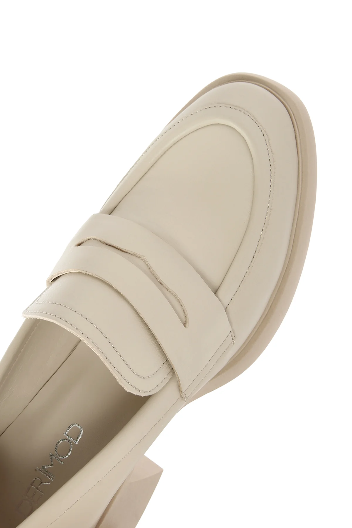 Kadın Krem Kalın Topuklu Deri Maskülen Loafer - Image 11