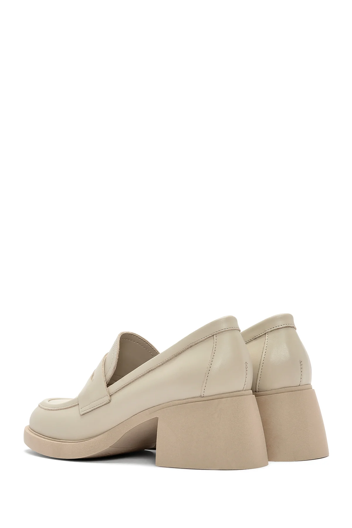 Kadın Krem Kalın Topuklu Deri Maskülen Loafer - Image 7