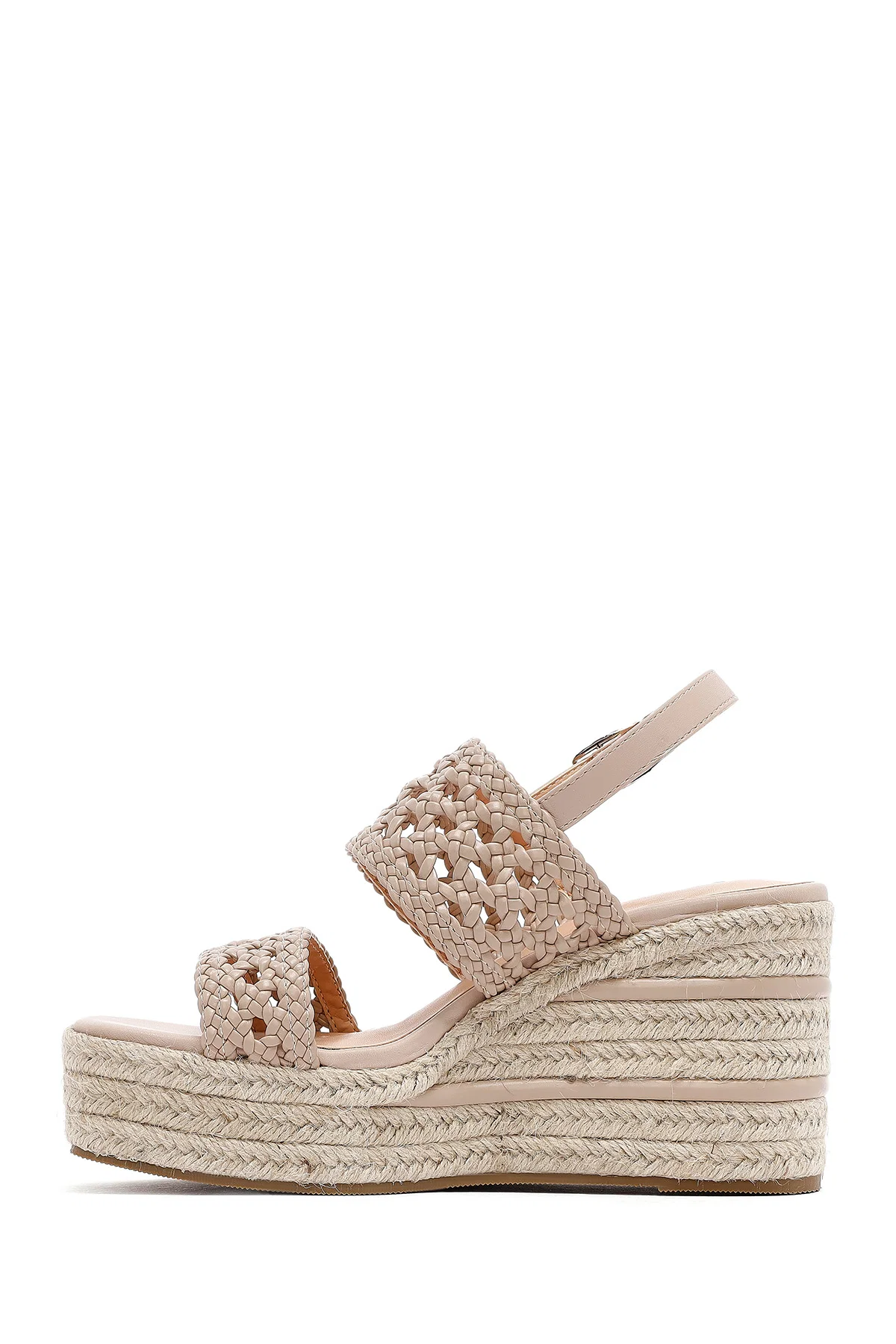 Kadın Krem Örgü Bilekten Tokalı Dolgu Topuklu Espadril Sandalet - Image 4