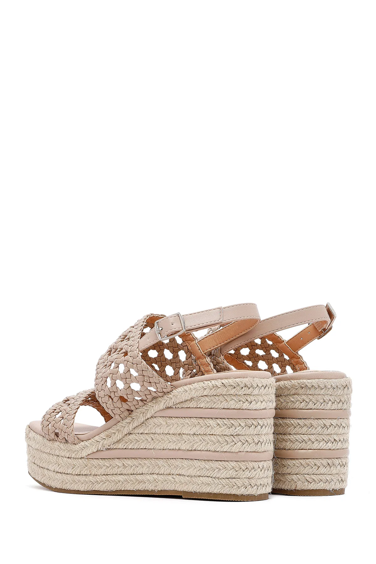 Kadın Krem Örgü Bilekten Tokalı Dolgu Topuklu Espadril Sandalet - Image 6