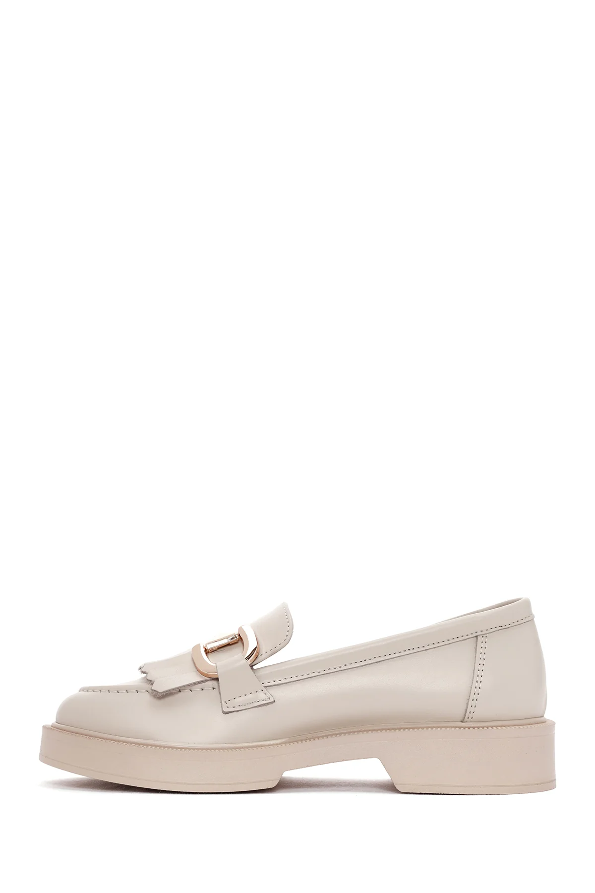 Kadın Krem Püsküllü Deri Casual Loafer - Image 2