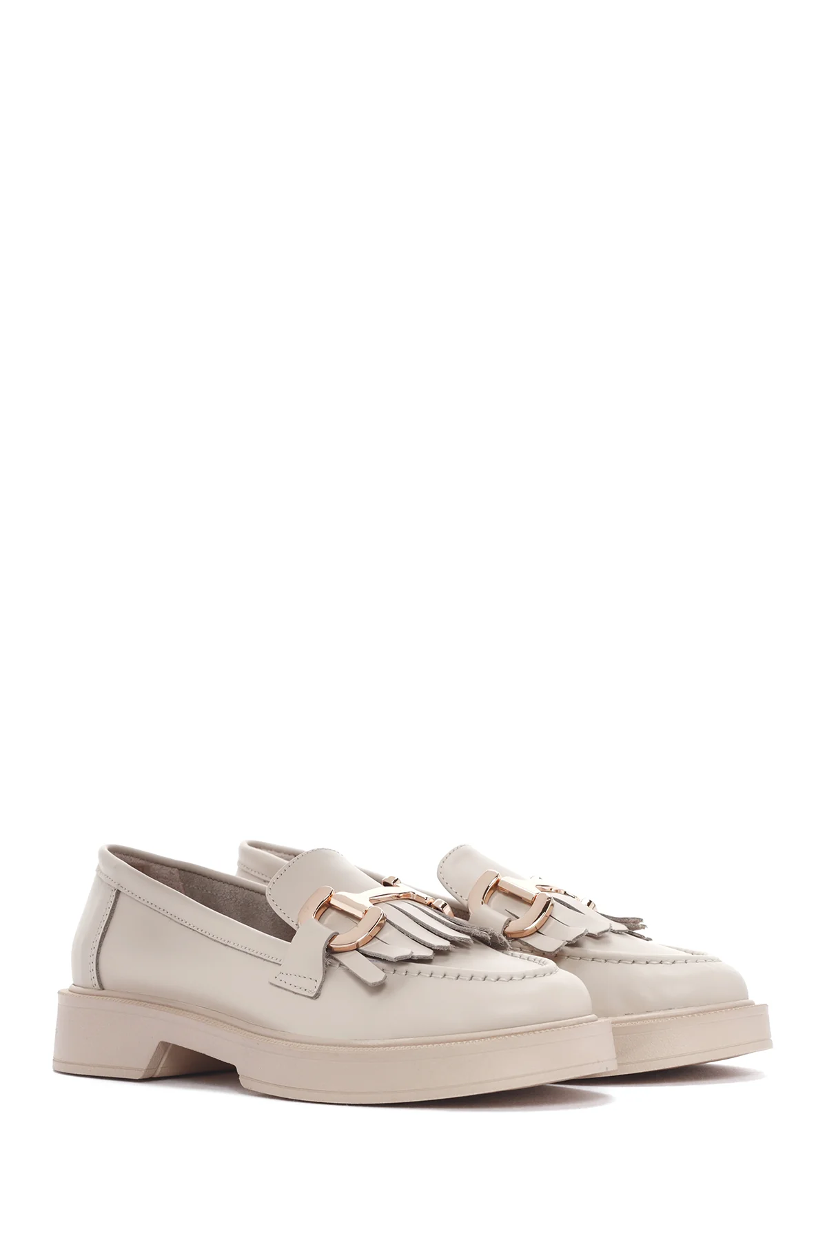 Kadın Krem Püsküllü Deri Casual Loafer - Image 3