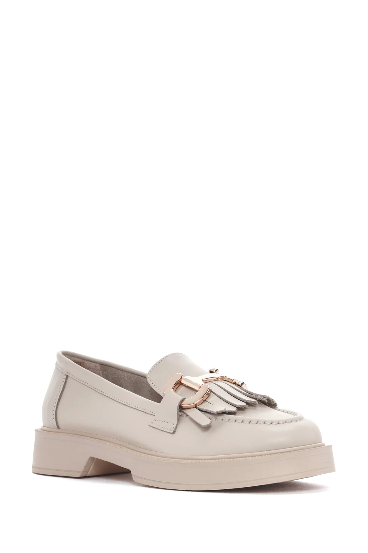 Kadın Krem Püsküllü Deri Casual Loafer - Image 6