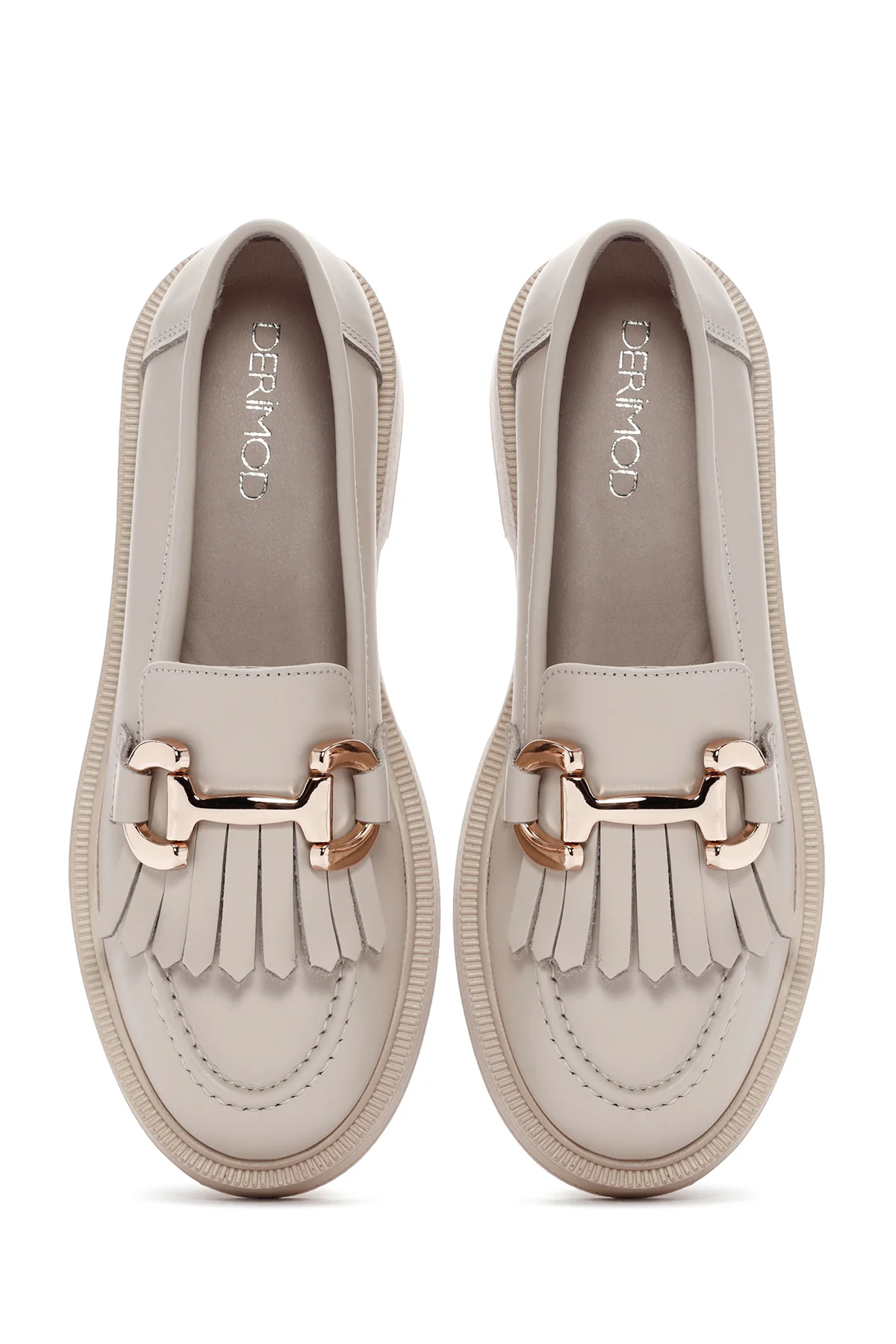Kadın Krem Püsküllü Deri Casual Loafer - Image 7