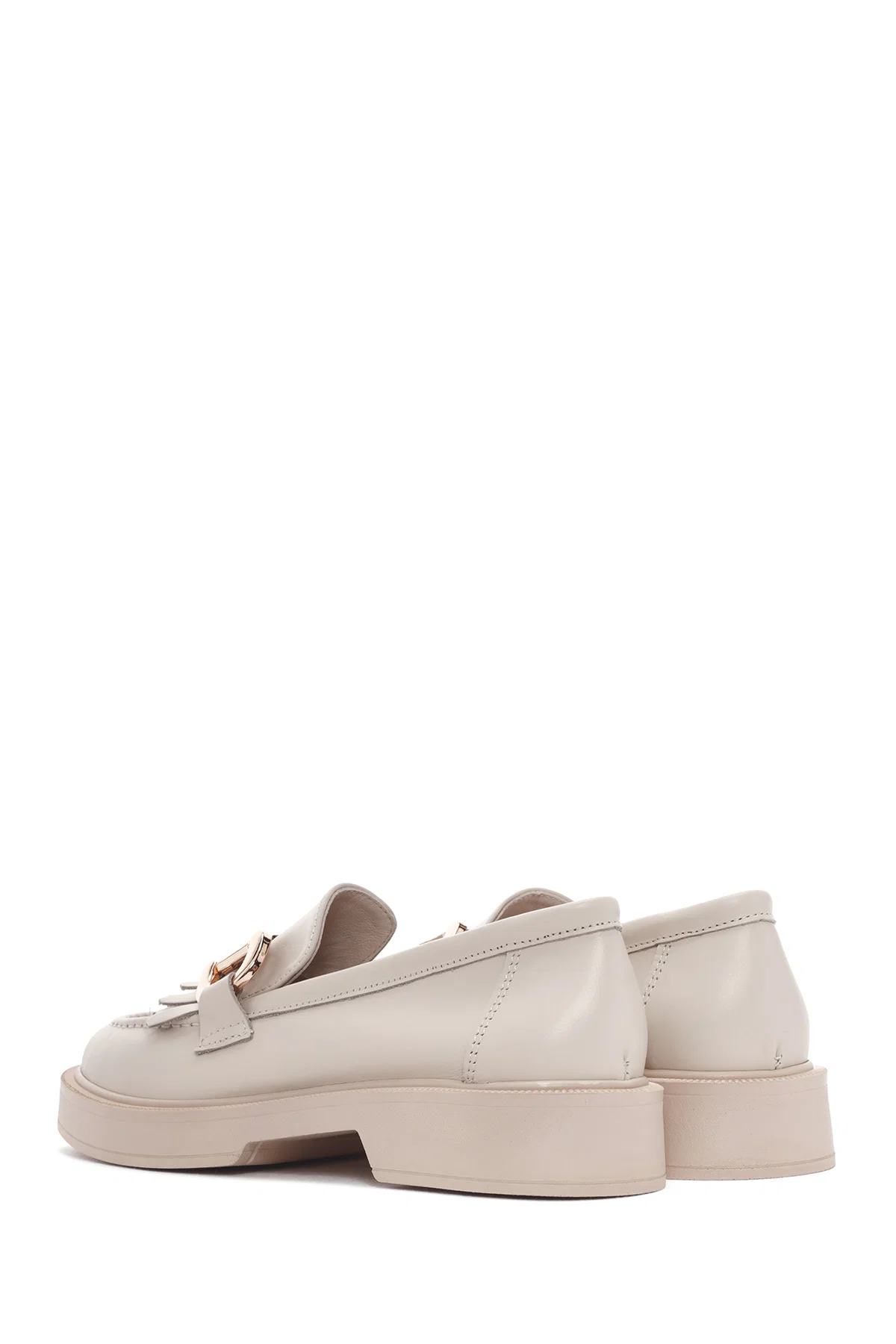 Kadın Krem Püsküllü Deri Casual Loafer - Image 6