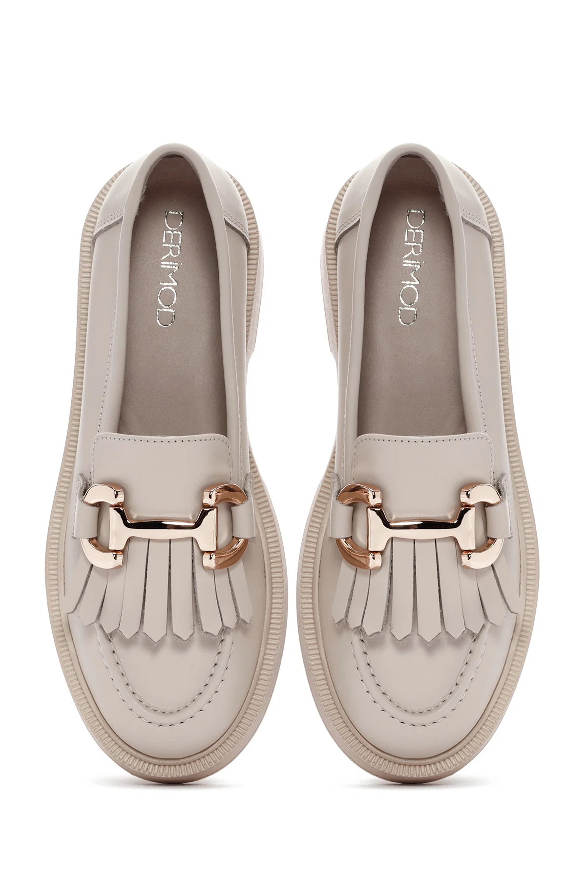 Kadın Krem Püsküllü Deri Casual Loafer - Image 8
