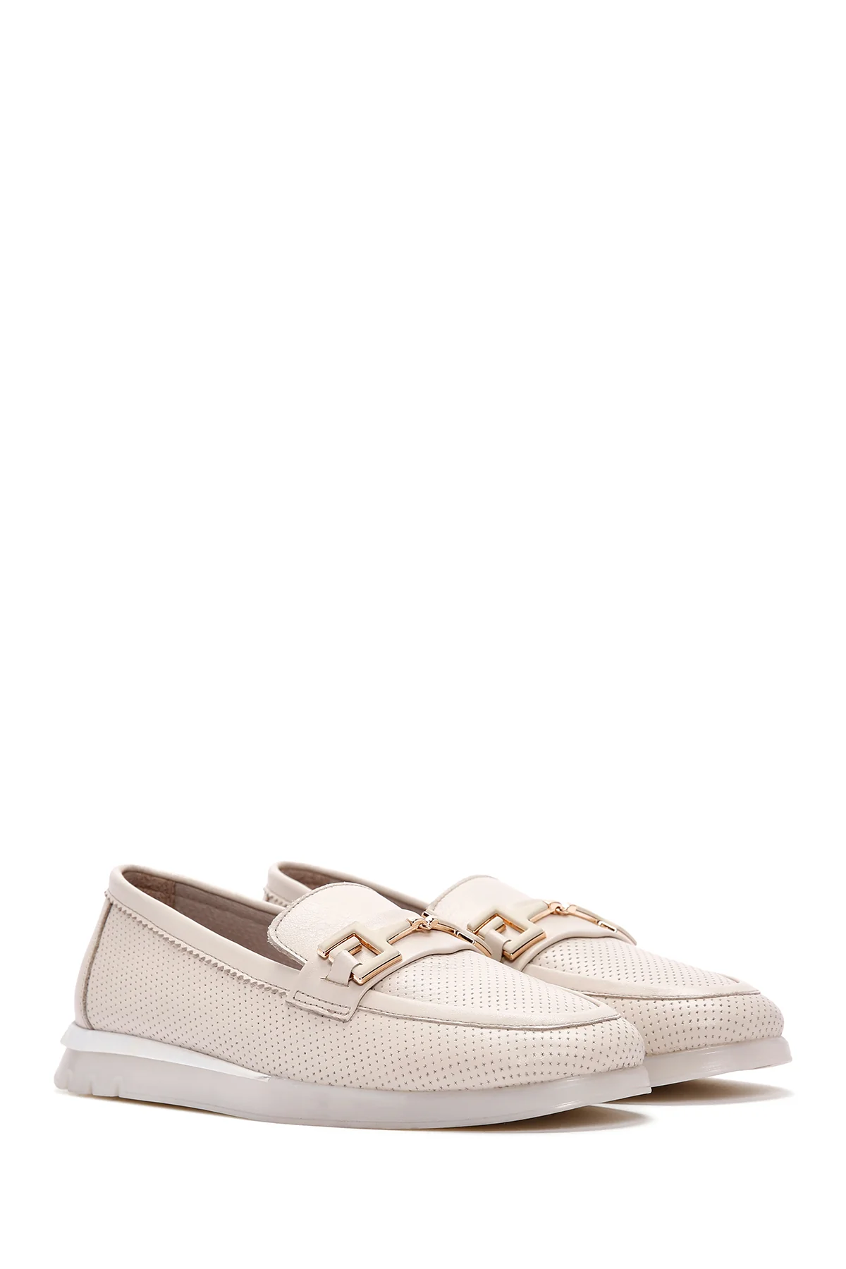 Kadın Krem Toka Detaylı Deri Comfort Loafer - Image 3