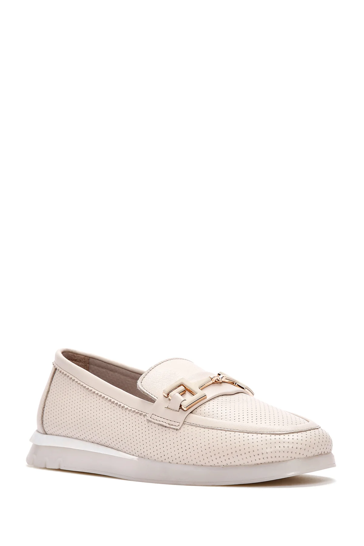 Kadın Krem Toka Detaylı Deri Comfort Loafer - Image 6