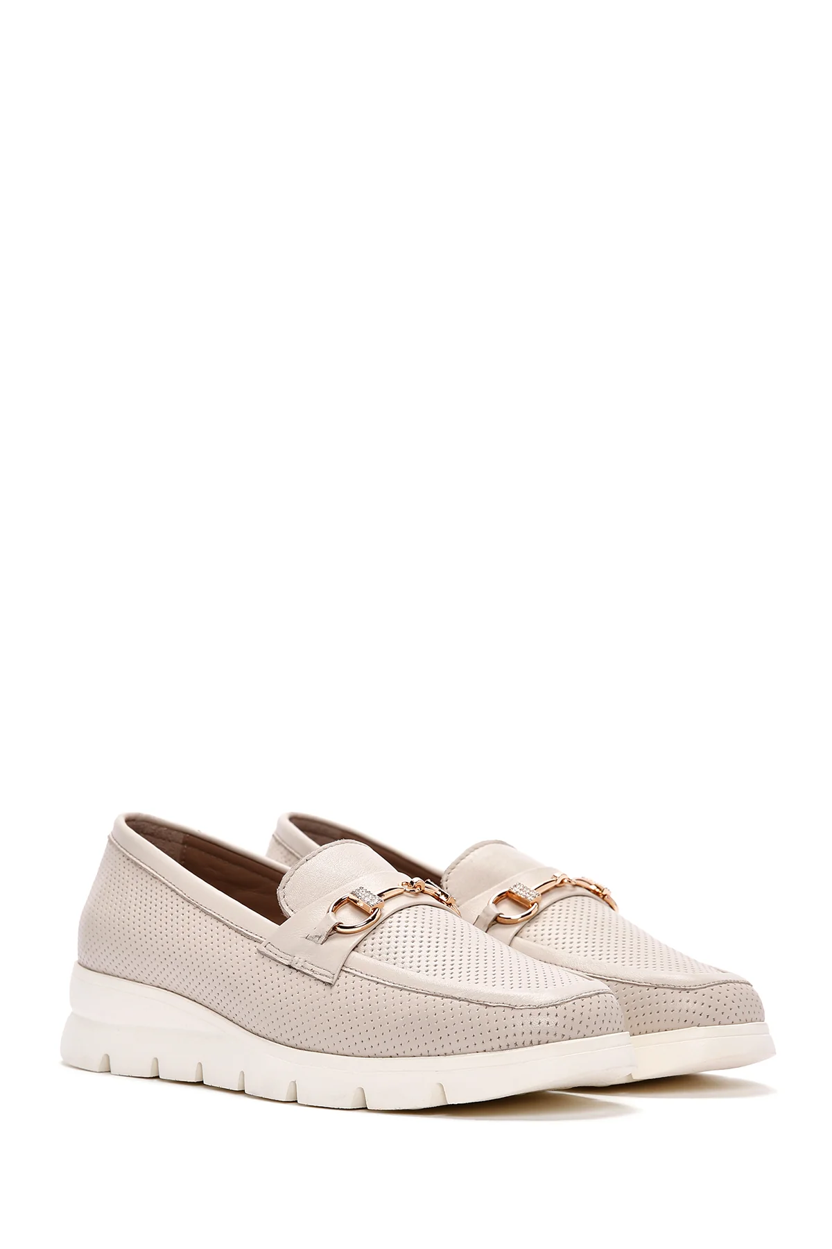 Kadın Krem Tokalı Deri Comfort Loafer - Image 2