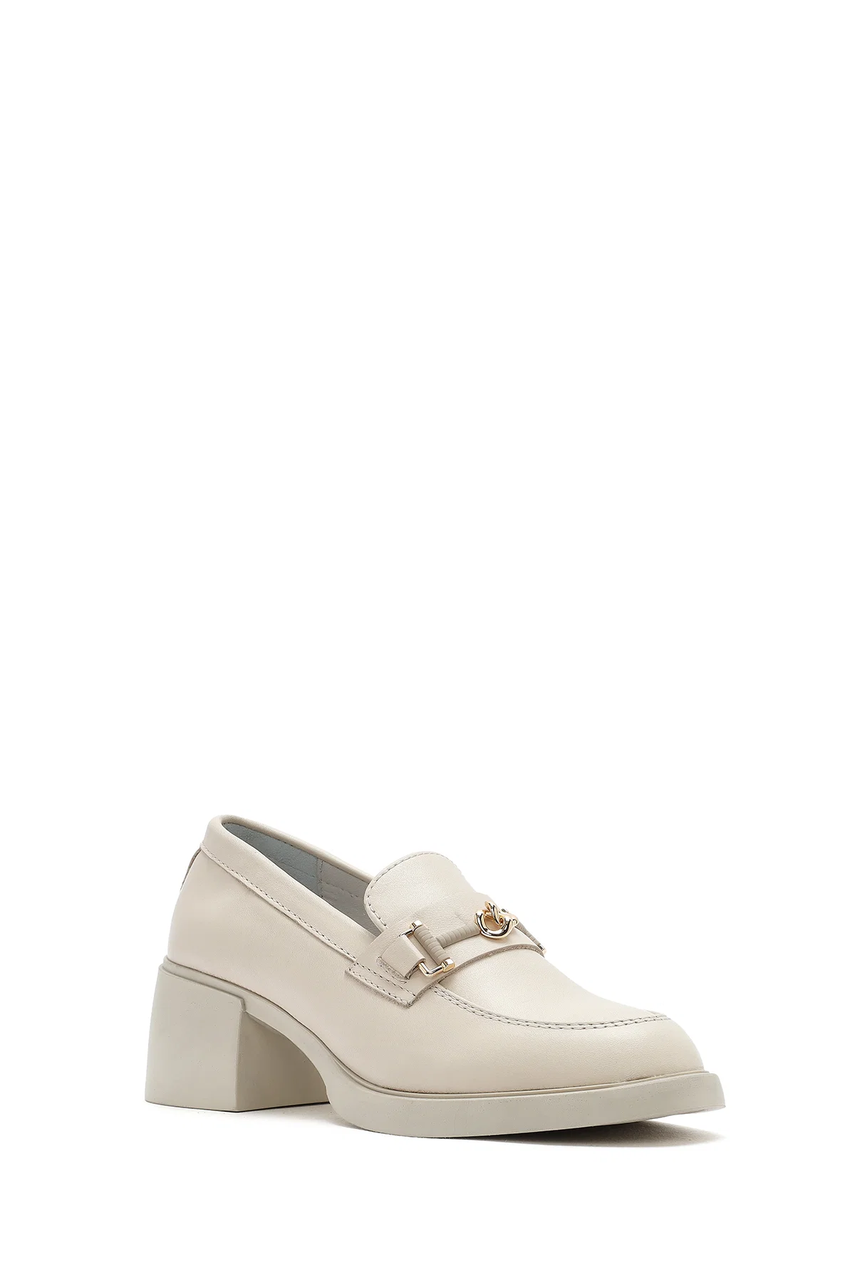 Kadın Krem Tokalı Kısa Kalın Topuklu Deri Maskülen Loafer - Image 7