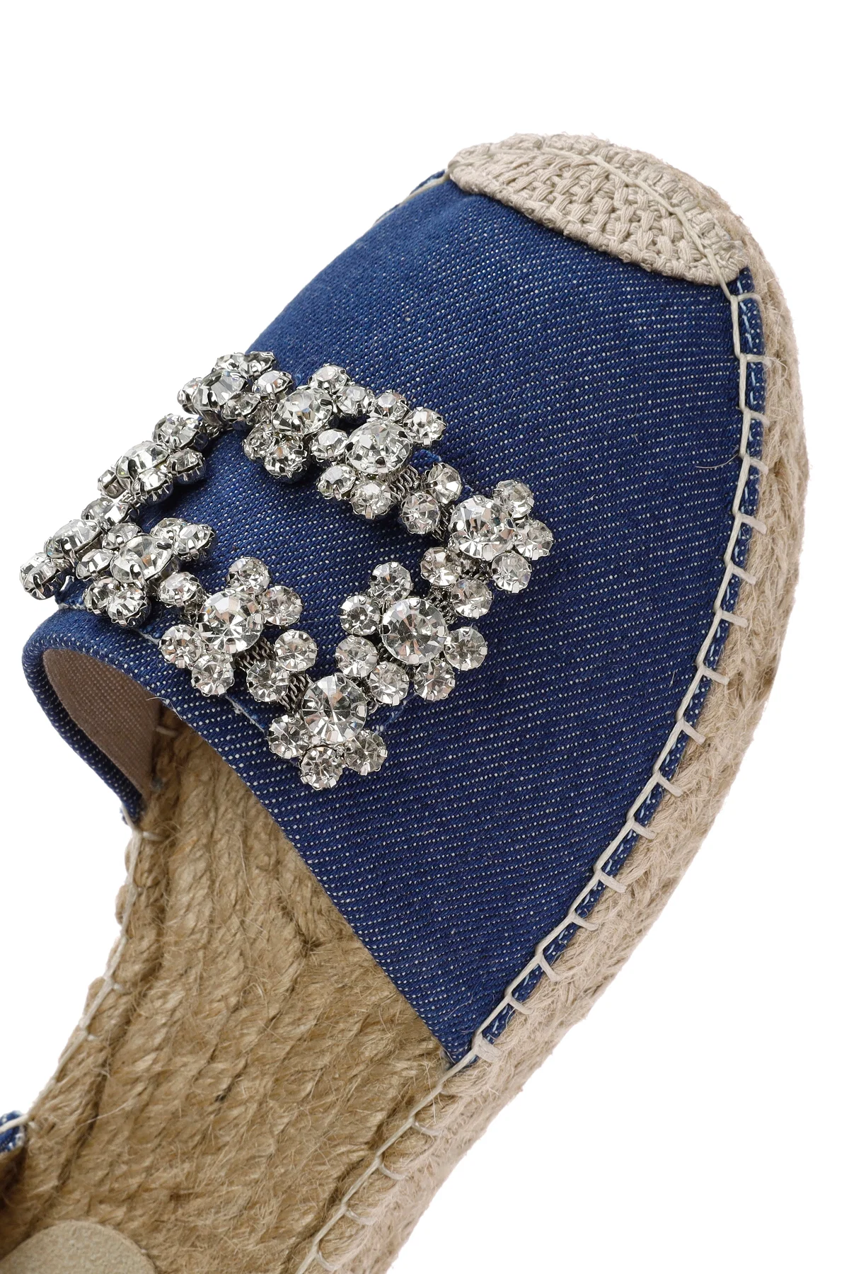 Kadın Mavi Bilekten Tokalı Jean Kumaş Taşlı Espadril Sandalet - Image 10