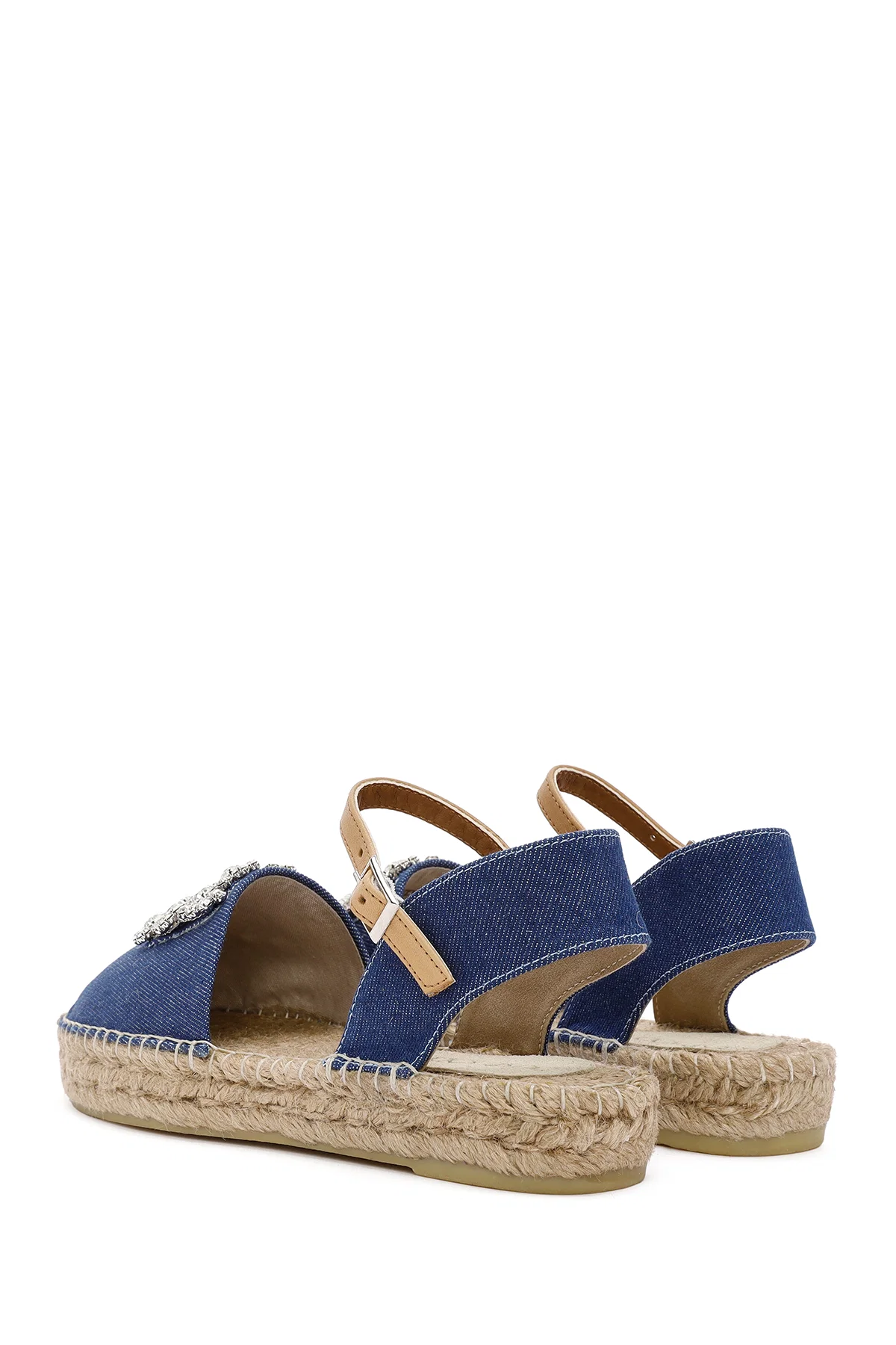 Kadın Mavi Bilekten Tokalı Jean Kumaş Taşlı Espadril Sandalet - Image 5