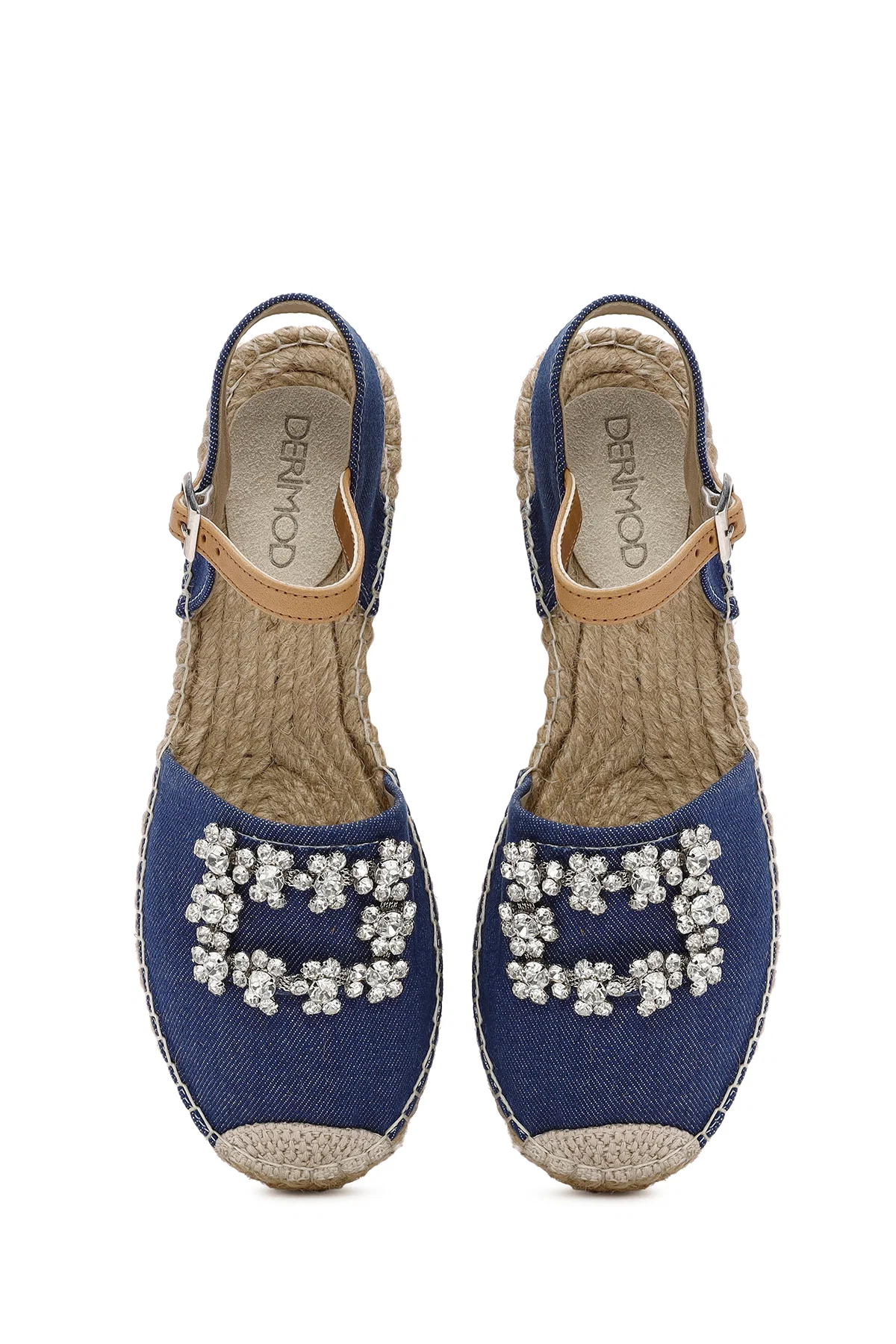 Kadın Mavi Bilekten Tokalı Jean Kumaş Taşlı Espadril Sandalet - Image 7