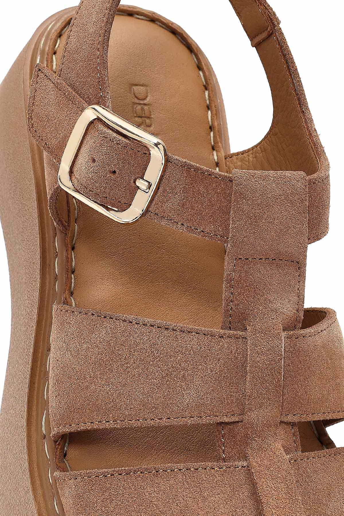 Kadın Pudra Bilekten Tokalı Kalın Tabanlı Süet Deri Comfort Sandalet - Image 9
