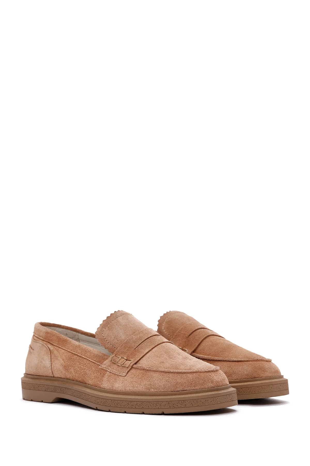 Kadın Pudra Süet Deri Maskülen Loafer - Image 3