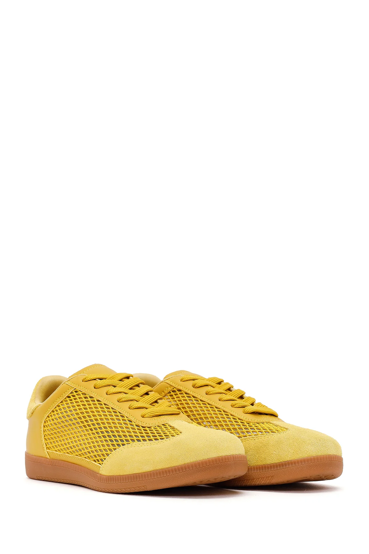 Kadın Sarı Bağcıklı Fileli Süet Deri Sneaker - Image 3