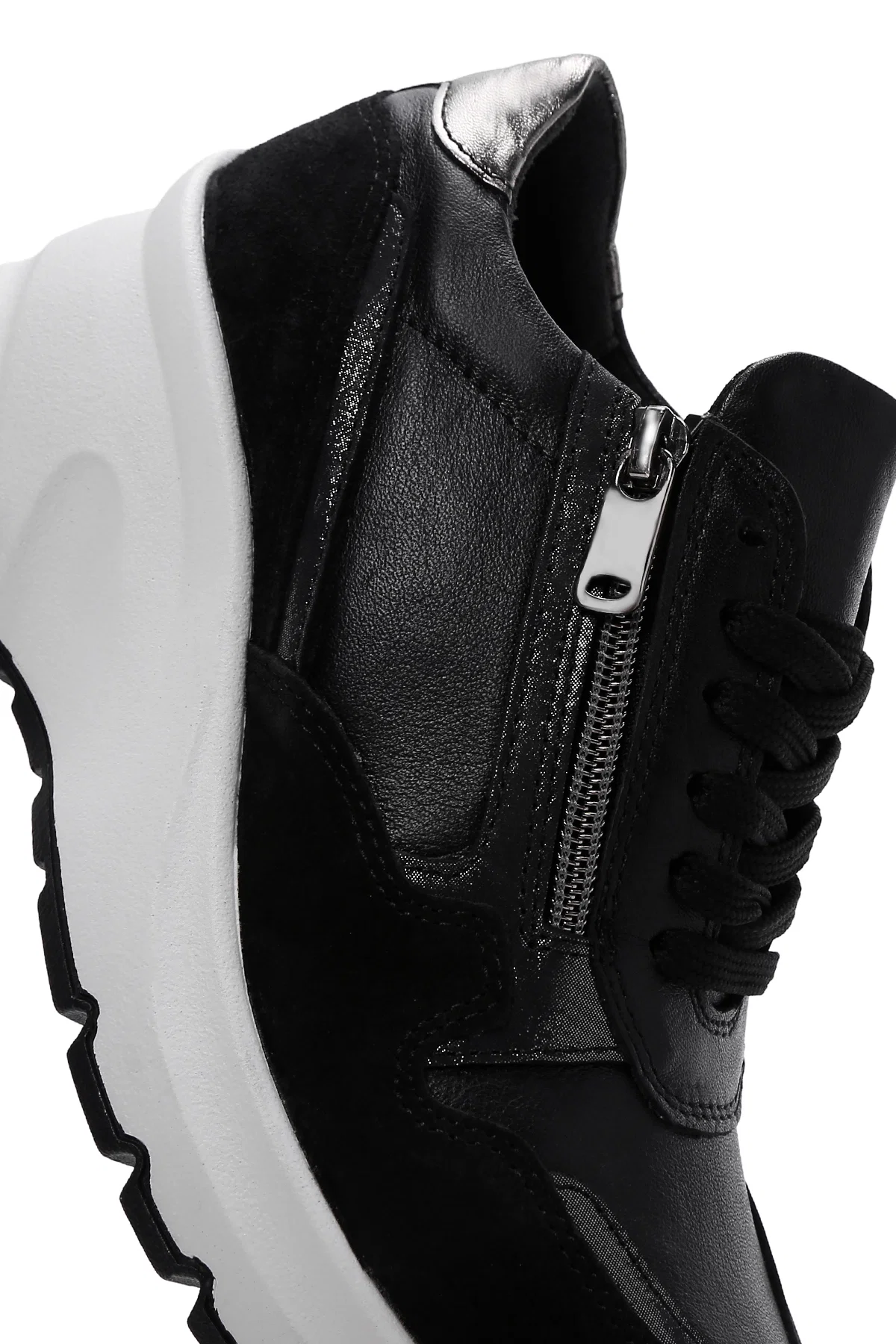 Kadın Siyah Bağcıklı Fermuar Detaylı Dolgu Topuklu Deri Sneaker - Image 10