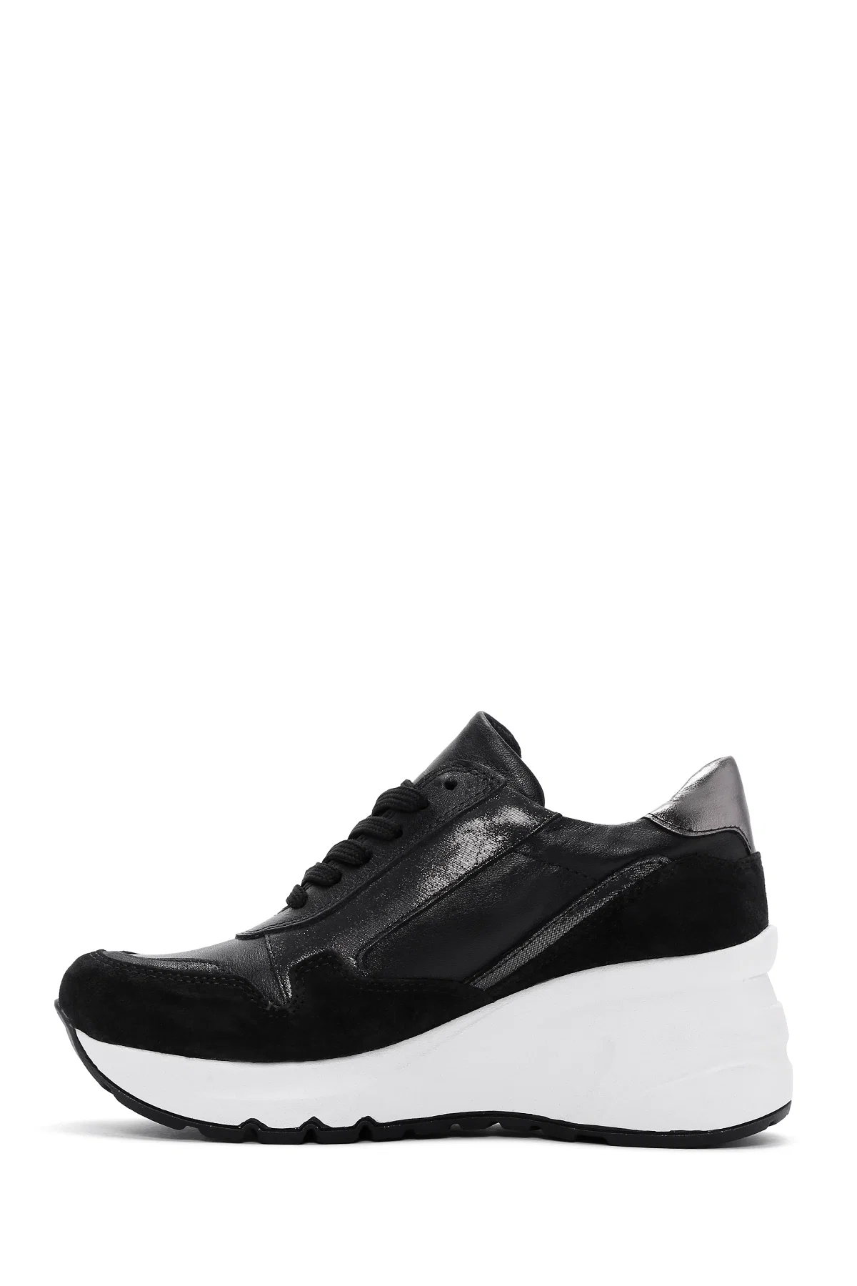 Kadın Siyah Bağcıklı Fermuar Detaylı Dolgu Topuklu Deri Sneaker - Image 2