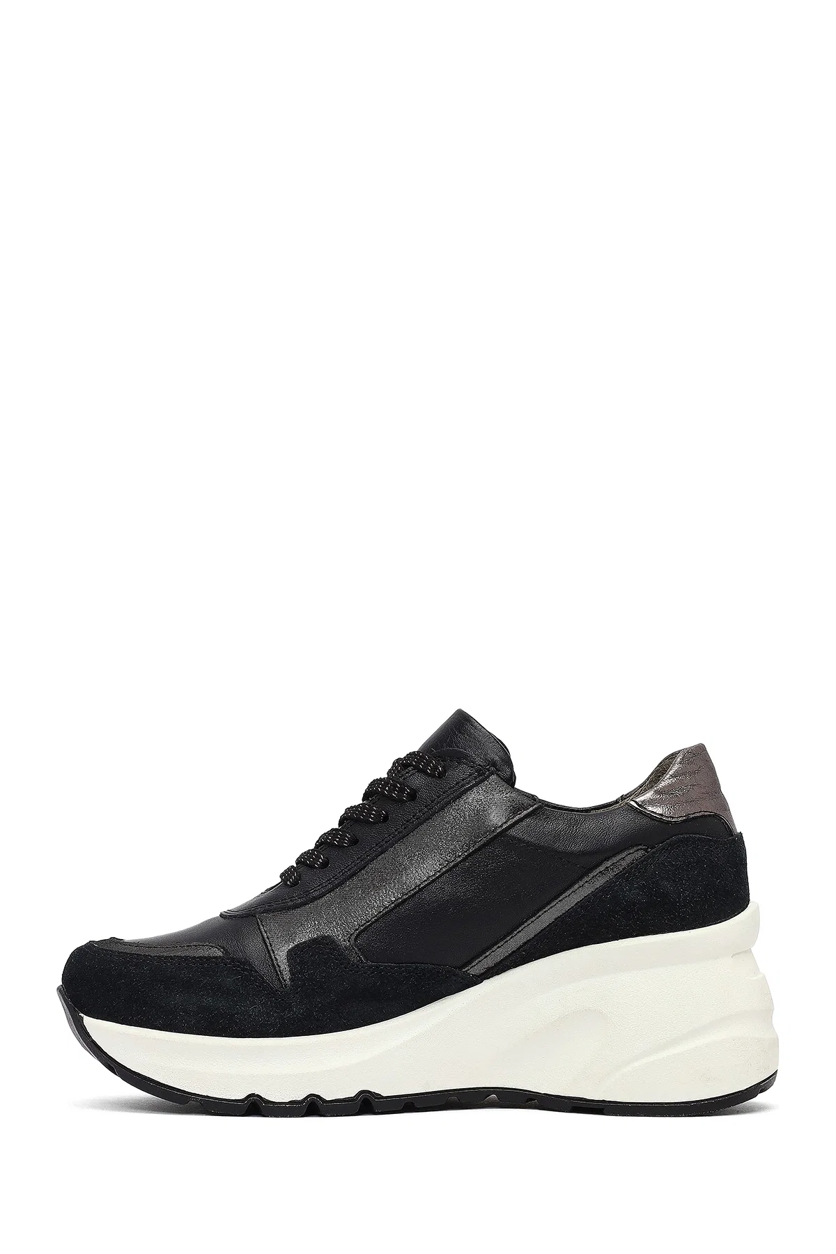 Kadın Siyah Bağcıklı Fermuar Detaylı Dolgu Topuklu Deri Sneaker - Image 2