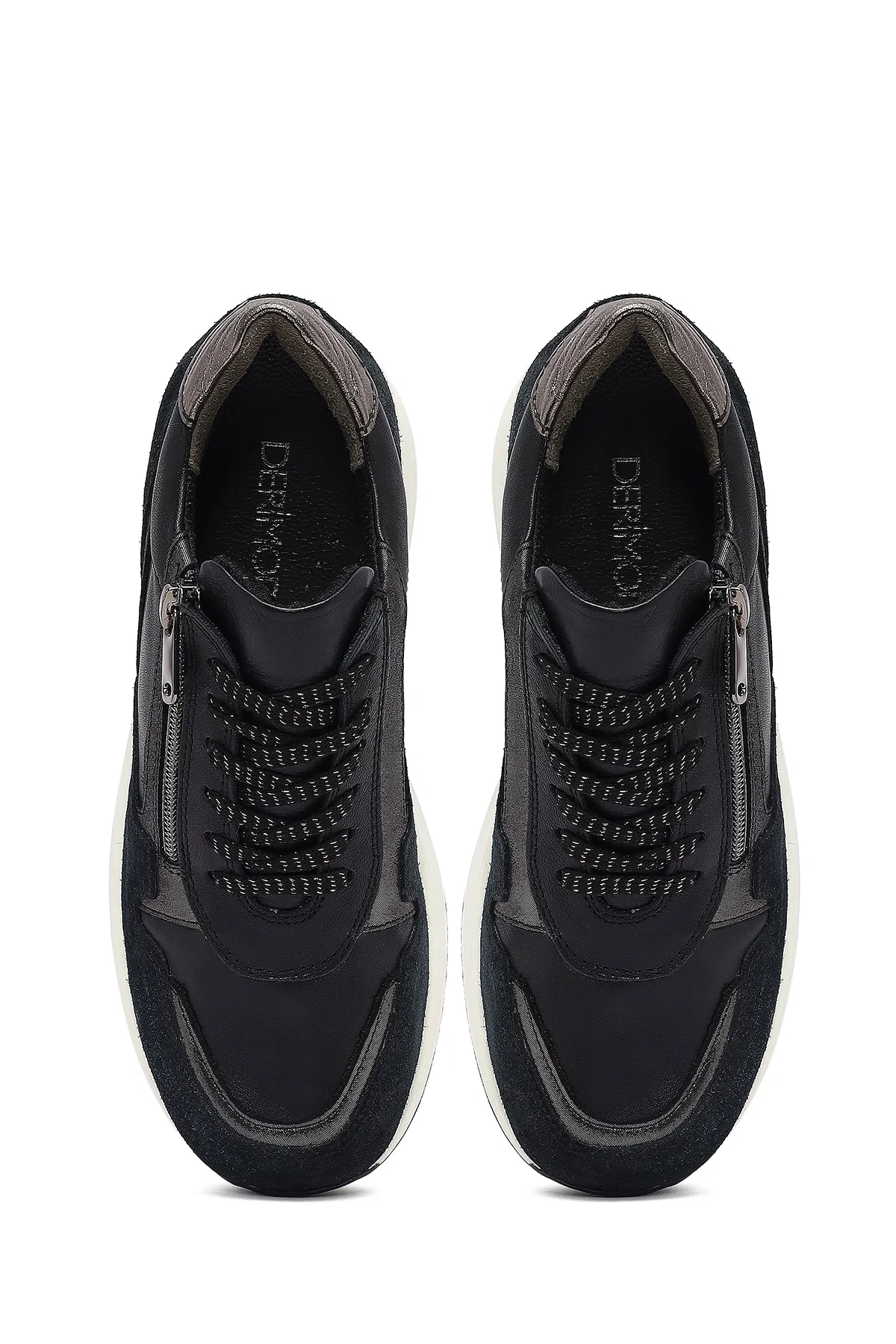 Kadın Siyah Bağcıklı Fermuar Detaylı Dolgu Topuklu Deri Sneaker - Image 7