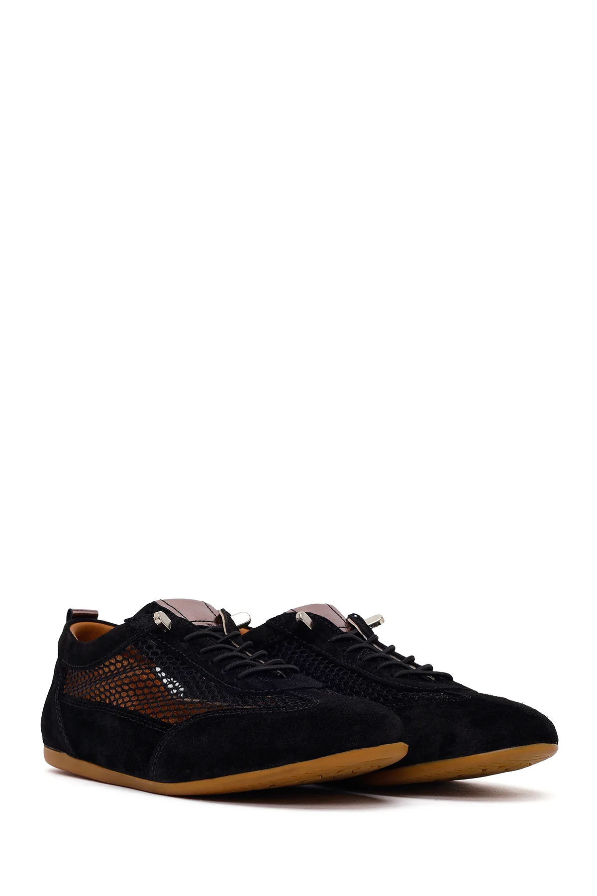 Kadın Siyah Bağcıklı Fileli Deri Sneaker - Image 2
