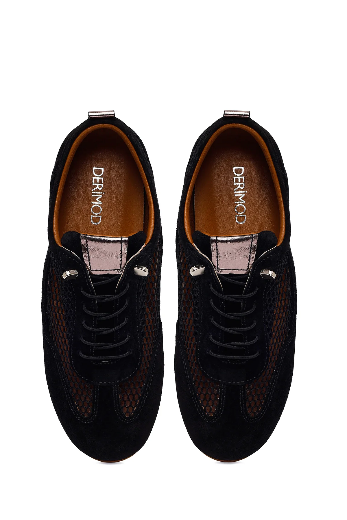 Kadın Siyah Bağcıklı Fileli Deri Sneaker - Image 4